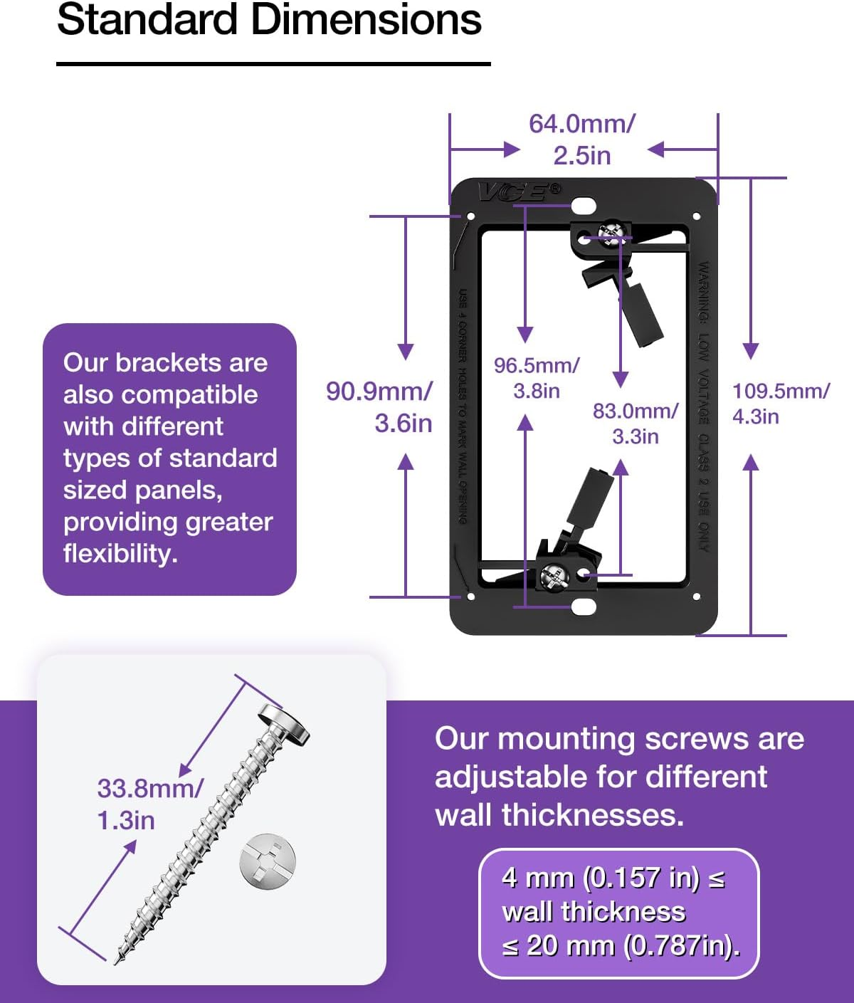 VCE Low Voltage Mounting Bracket (1 Gang, 5 Pack) for Single Gang Wall Plate, Telephone Wires, Network Cables, HDMI, Coaxial, Speaker Cables, Black image number 3