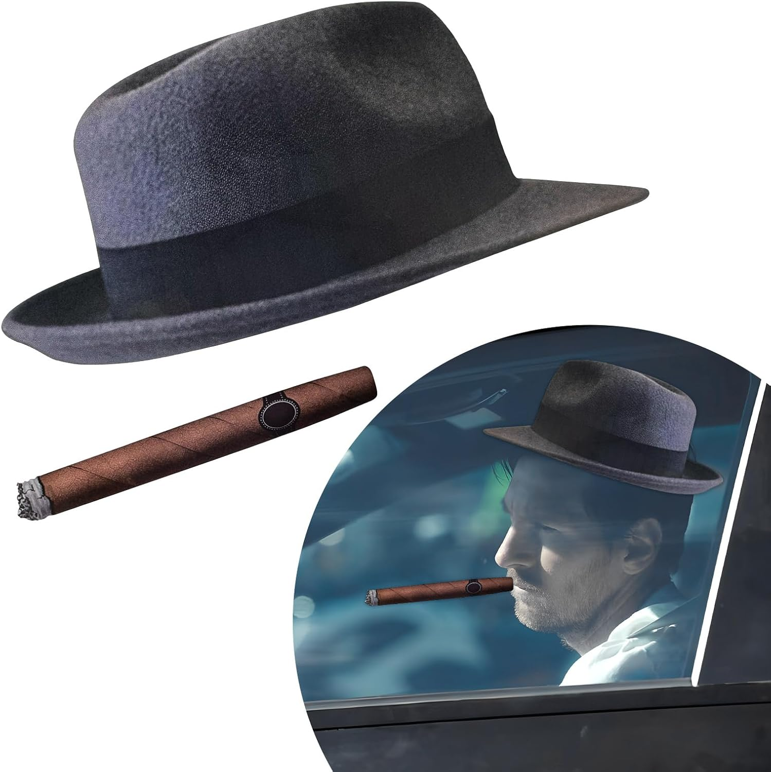 DXNQ Fedora and Cigar Window Decal, Funny Driving Fake with Hat and Cigar Car Stickers, Waterproof Driving Crooner Decals for Vehicle Window Windshield, Car Decor Accessories (Style A)