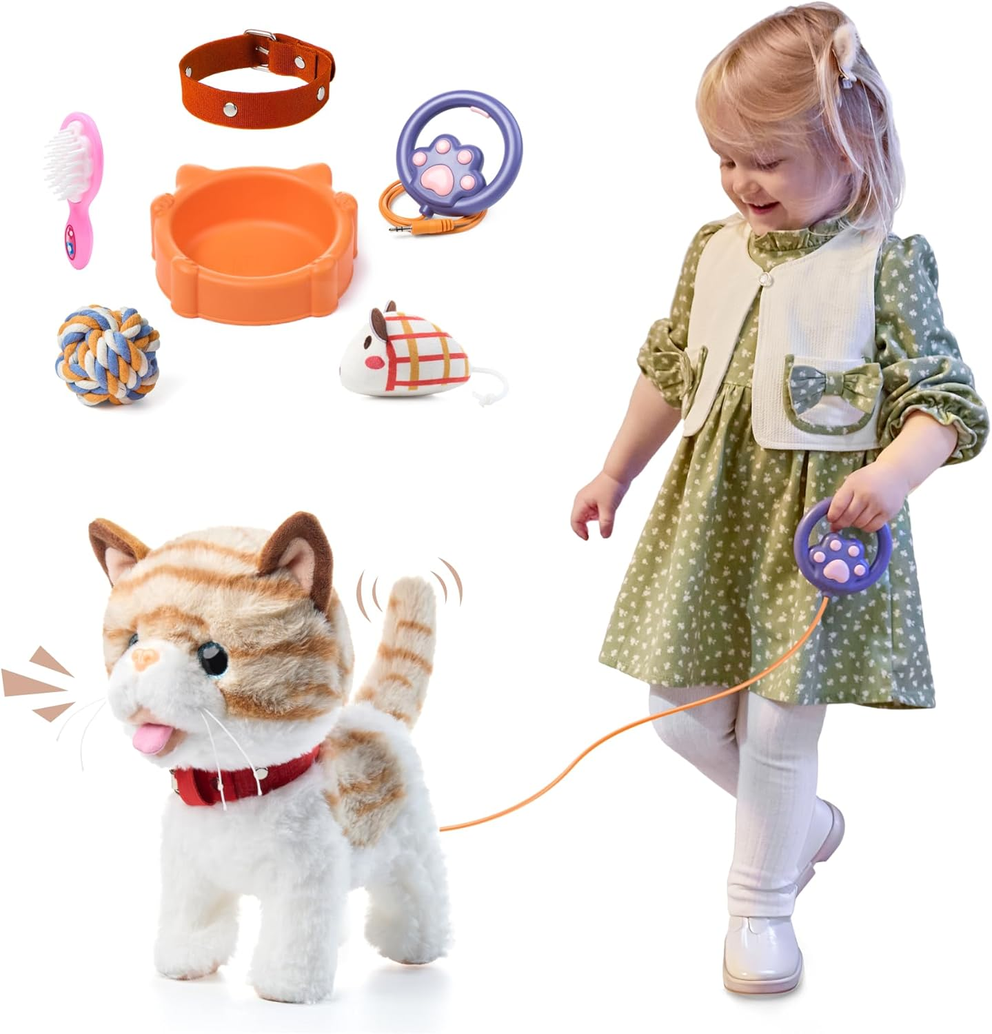 OR or TU Walking Talking Toy Cat with Remote Control Leash, Plush Pet Electronic Interactive Toys for Kids, Wag Tail, Singing, Pretend Dress up Realistic Stuffed Cat Age 3 4 5+ Years Old Best Gift