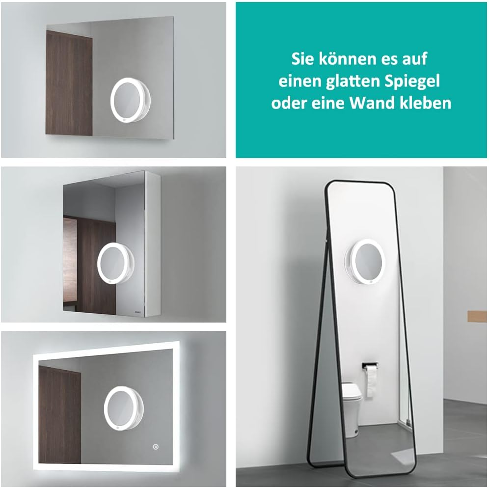 EMKE Cosmetic Mirror with Lighting with 5X Magnifying Mirror, White LED Makeup Mirror with Suction Cup, 165 Mm Diameter, Portable Wall Mirror, Battery Operated image number 2