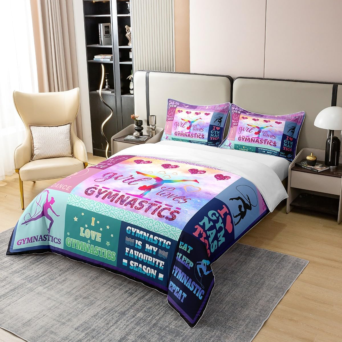 Loussiesd Gymnastics Bedding Set 135 X 200 Cm 100% Cotton Children'S Girls Gymnastics Duvet Cover Set Gifts for Gymnast Lovers Purple Bedding Set image number 6