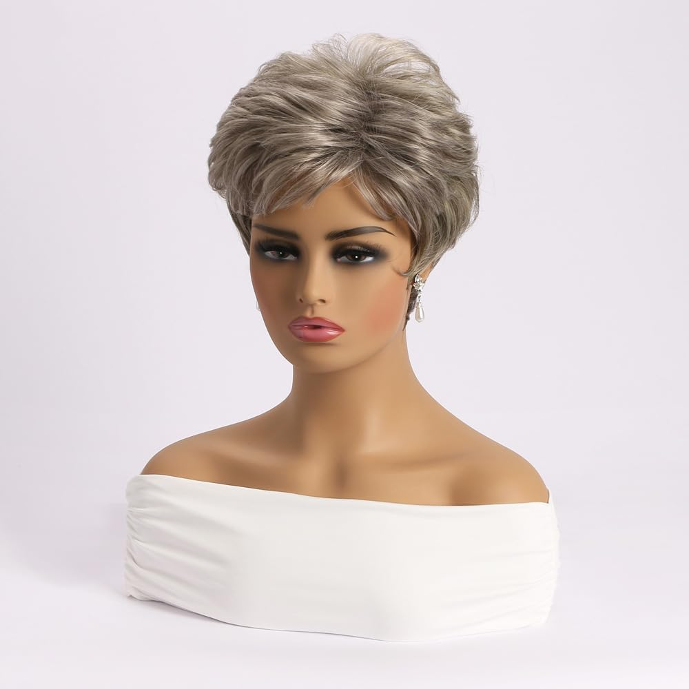 AUBWIG Mixed Blonde Short Wigs Fluffy with Fringe Pixie Cut Wigs Natural Straight Synthetic Hair Wigs Heat Resistant Full Wigs for Women (Brown Mixed Light Blonde #3H) image number 2