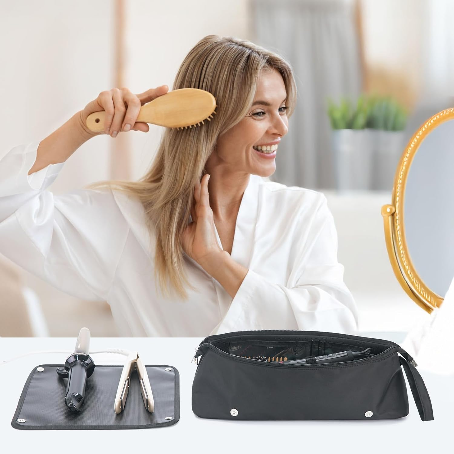 Aubeco Hair Tools Travel Bag, Removable Fireproof Mat, 2-In-1 Portable Organizer, Large Capacity Hot Tools Travel Bag for Flat Irons, Curling Irons, Hair Dryers, Black - Pink image number 5