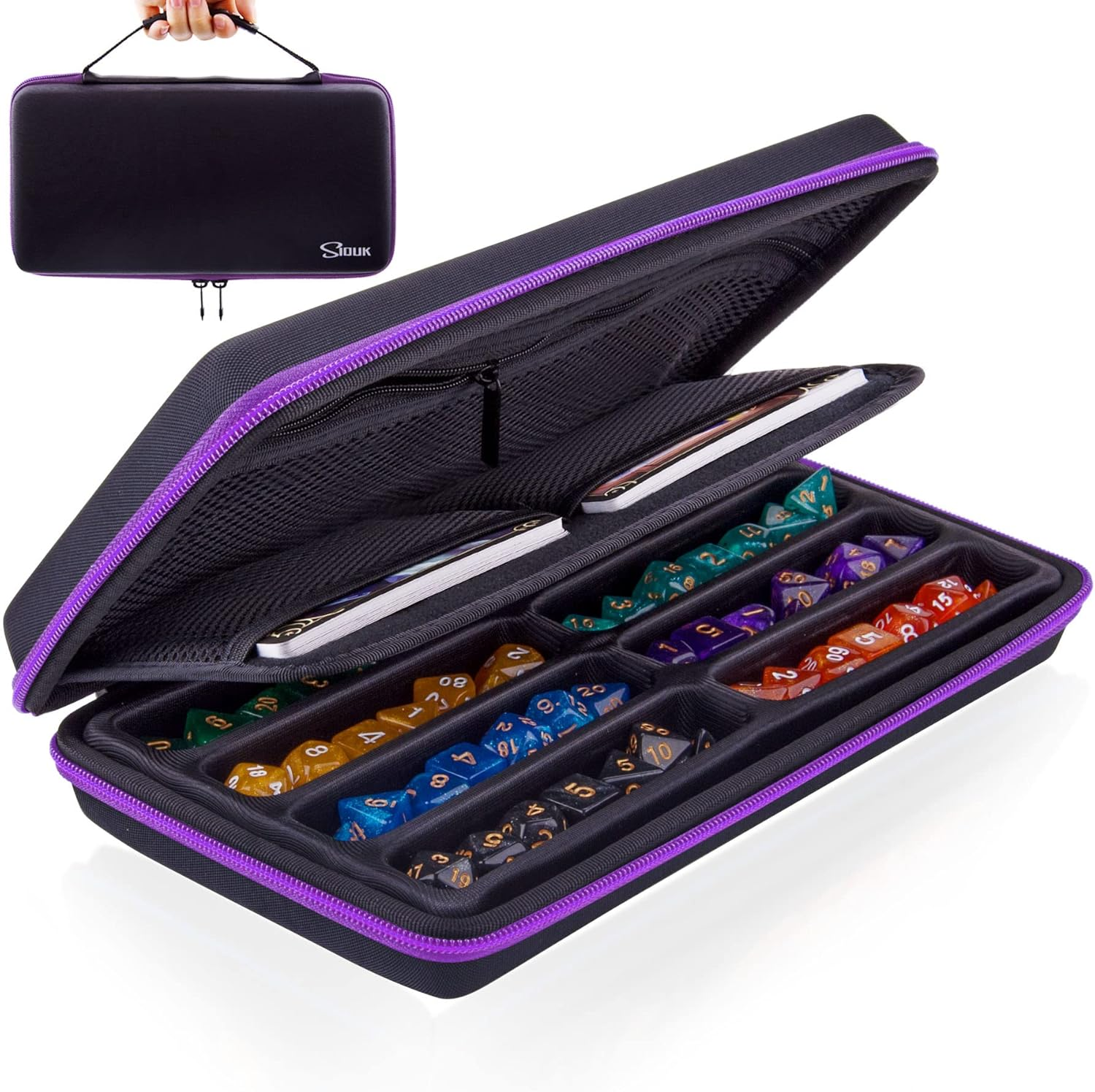 SIQUK Dice Case DND Dice Box Dice Storage Case Dice Organizer Holder with Handle Removable Slotted Tray Holds 8 Sets DND Dice for Dungeons & Dragons and Other RPG Table Games, Violet, Modern