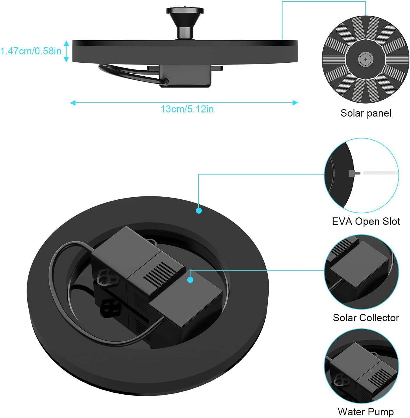Solar Water Fountains,Solar Powered Bird Bath Fountain with 6 Nozzles - Free Standing Floating Solar Fountains for Bird Bath, Garden, Pond, Pool (Black-1W) image number 4