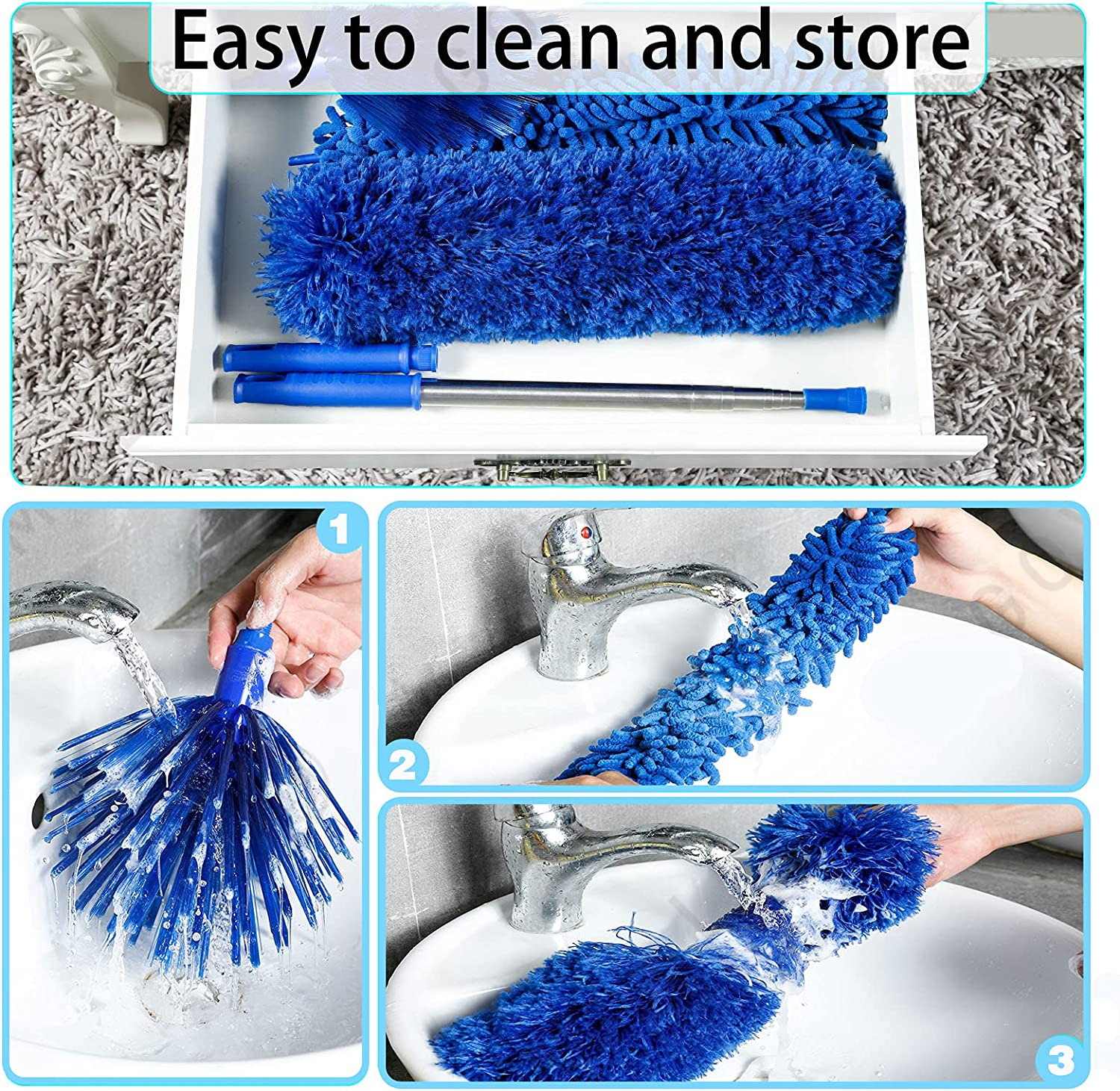 LAZYCOTTAGE Three-Piece Dust Collector, Handle, Thickened Telescopic Rod 15-110 Inches, Wet Cleaning and Dry Cleaning, Spider Web Brush Microfiber Vacuum Cleaner Ceiling Fan Vacuum Cleaner Exhaust Fan