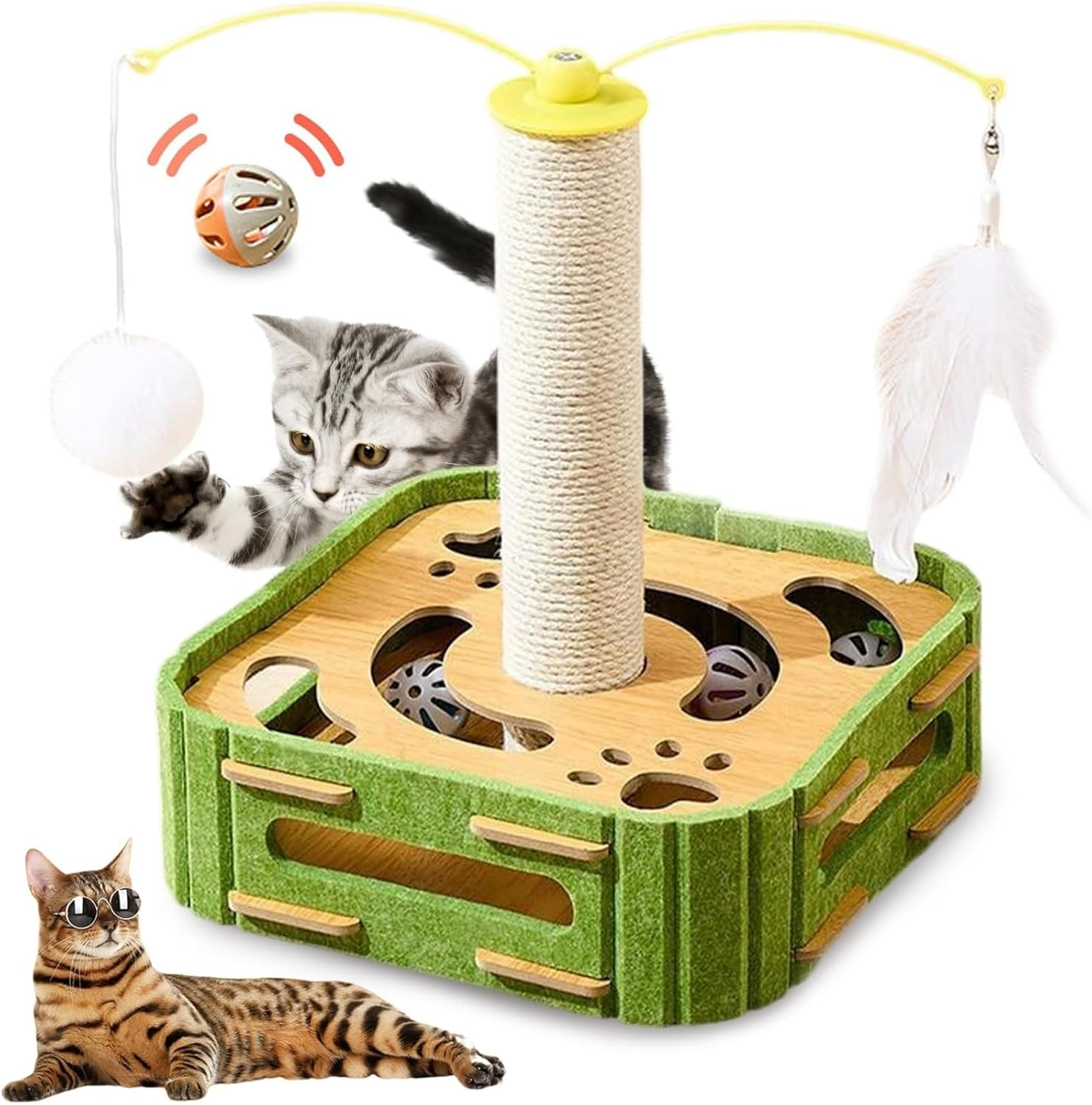 Cat Scratching Post with Multiple Interactive Toys, Vertical Sisal Cat Scratcher with Dangling Balls, Feather Teaser, Kitten Track Ball Toy for Indoor Cats (Square,Puzzle Box with Cat Post) image number 5