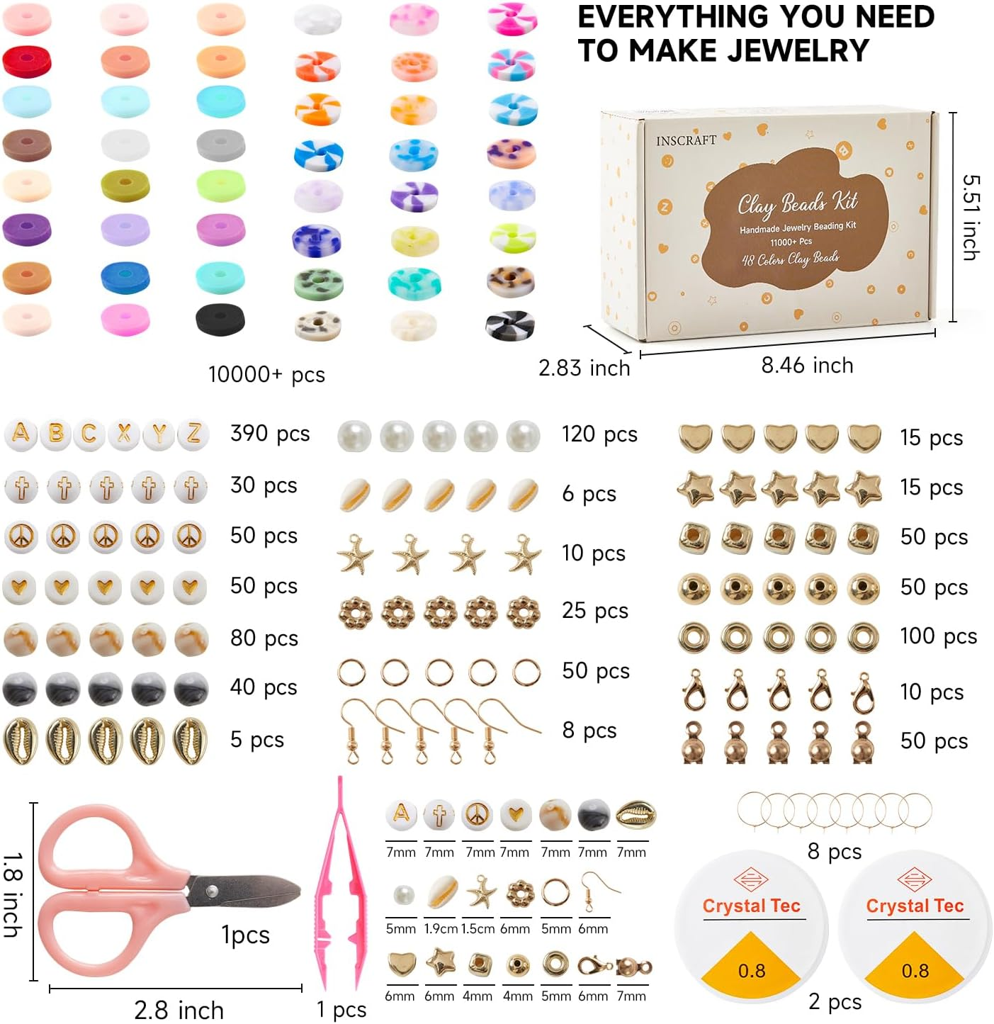 INSCRAFT 11000 Pcs Clay Beads for Bracelet Making Kit, 48 Colors Flat round Polymer Clay Beads, Friendship Bracelet Kit Heishi Beads for DIY Jewelry Making, Crafts for Girls Teen Ages 6-12 - 48 Colors image number 3