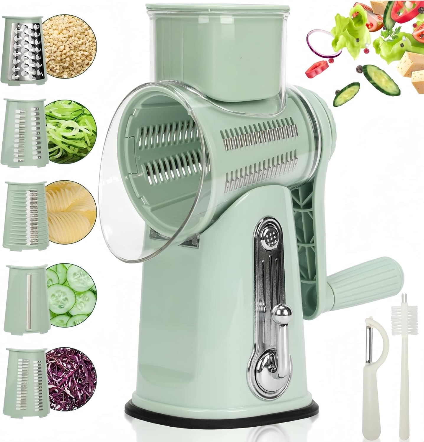 CHDEXU Rotary Cheese Grater with Handle, Manual Vegetable Slicer Grater with 5 Detachable Stainless Steel Blades, round Graters Slicer Hand Crank Food Chopper for Kitchen with Blade Storage Box