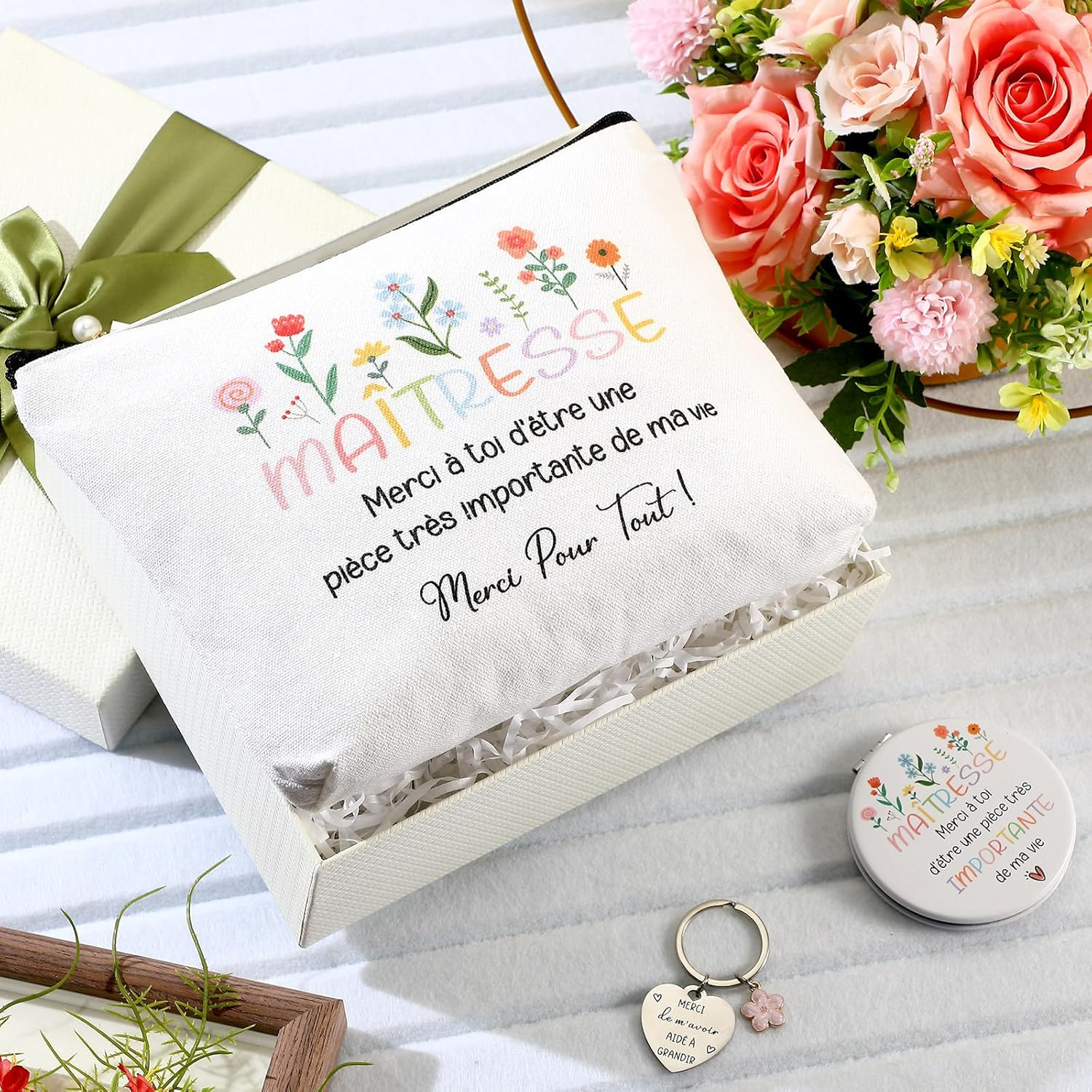 Xuniea Set of 3 Thank You Gift Set for Teachers Includes 1 Cosmetic Bag for Teachers, 1 Makeup Mirror with Magnifying Glass and 1 Double-Sided Keyring with Engraving