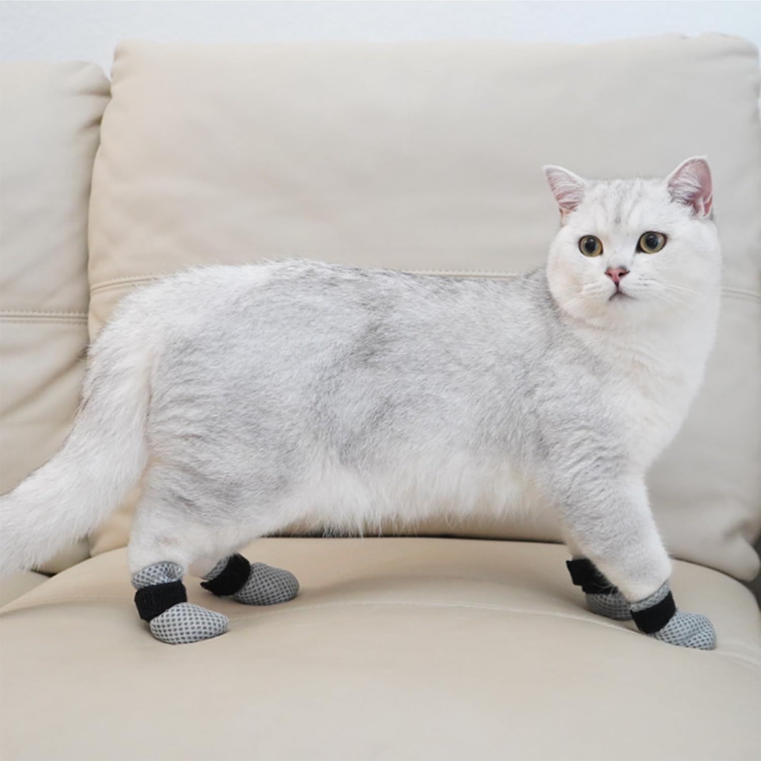 Niuhong 4 Pieces Cat Shoes Bathing Adjustable Cat Boots Breathable Mesh Scratch Protection Pet Cat Paw Protection Anti-Scratch Bathing Shaving Cutting Nails (L) image number 4