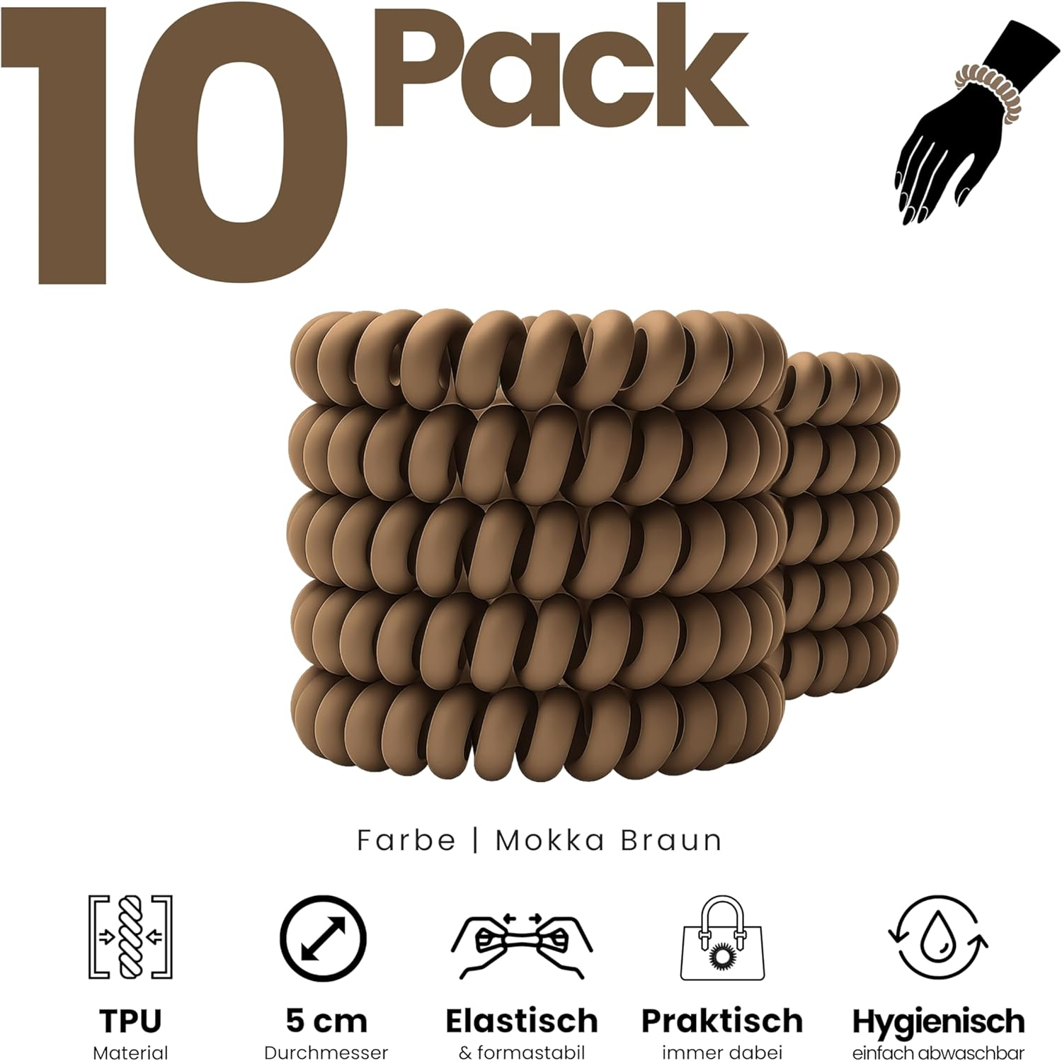 Specora Spiral Hair Scrunchies Mocha Pack of 10-5 Cm - TPU - Telephone Cable Scrunchie - No Pulling & Tangling - Elastic, No Mark, Gentle on Hair