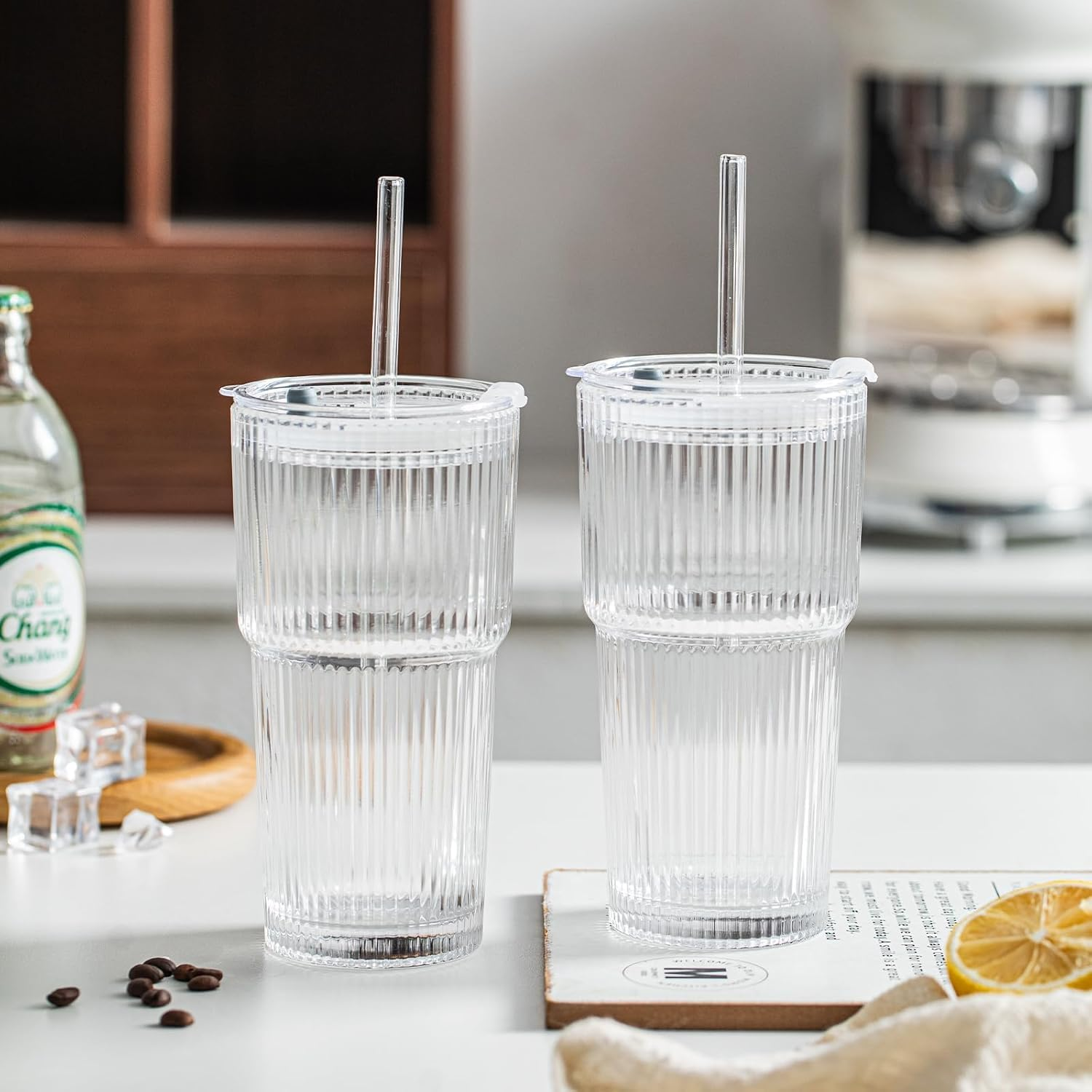 HAUNDRY 20Oz Glass Tumblers with Lids and Straws, Set of 2 - Stylish Ribbed Design Drinking Glasses for Iced Coffee Cups, Juice, Smoothies, Cold Beverages, Includes Cleaning Brush, Durable Glassware image number 3