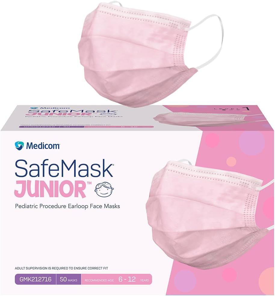 Medicom Safemask Junior Kids Masks Earloop (Pink, Box of 50), Soft, Non-Woven, Fluid Resistant, Protective PPE, Disposable, Dust Protection, Safety Masks image number 1