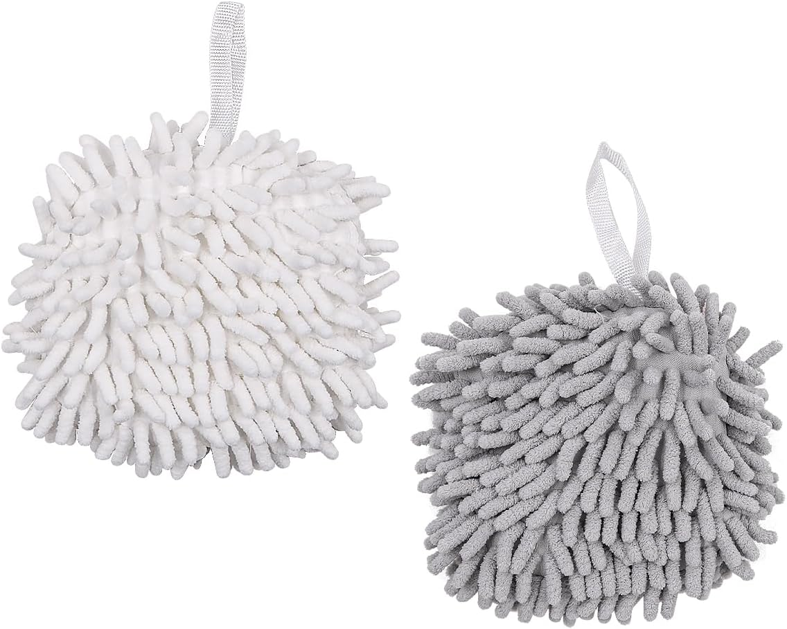 2 Pcs NUZAMAS Chenille Hand Towels Fuzzy Ball Towel White and Gray Fast Drying Handball Absorbent Soft Towel Hanging Towel for Kitchen Bathroom image number 3