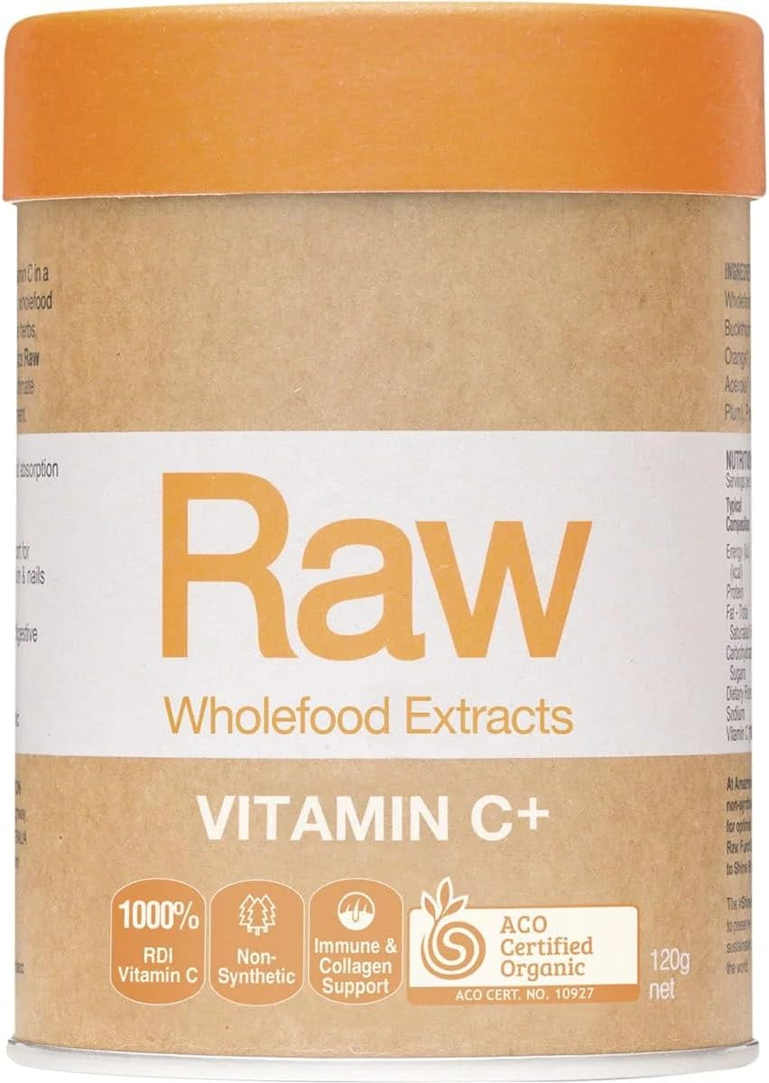 Amazonia Raw Wholefood Extracts Vitamin C+ - Certified Organic Vitamin C for Immune Support, Collagen Health & Skin Vitality, Non-Synthetic, Plant-Based, Gut Health & Prebiotic Supplement, 120G image number 1
