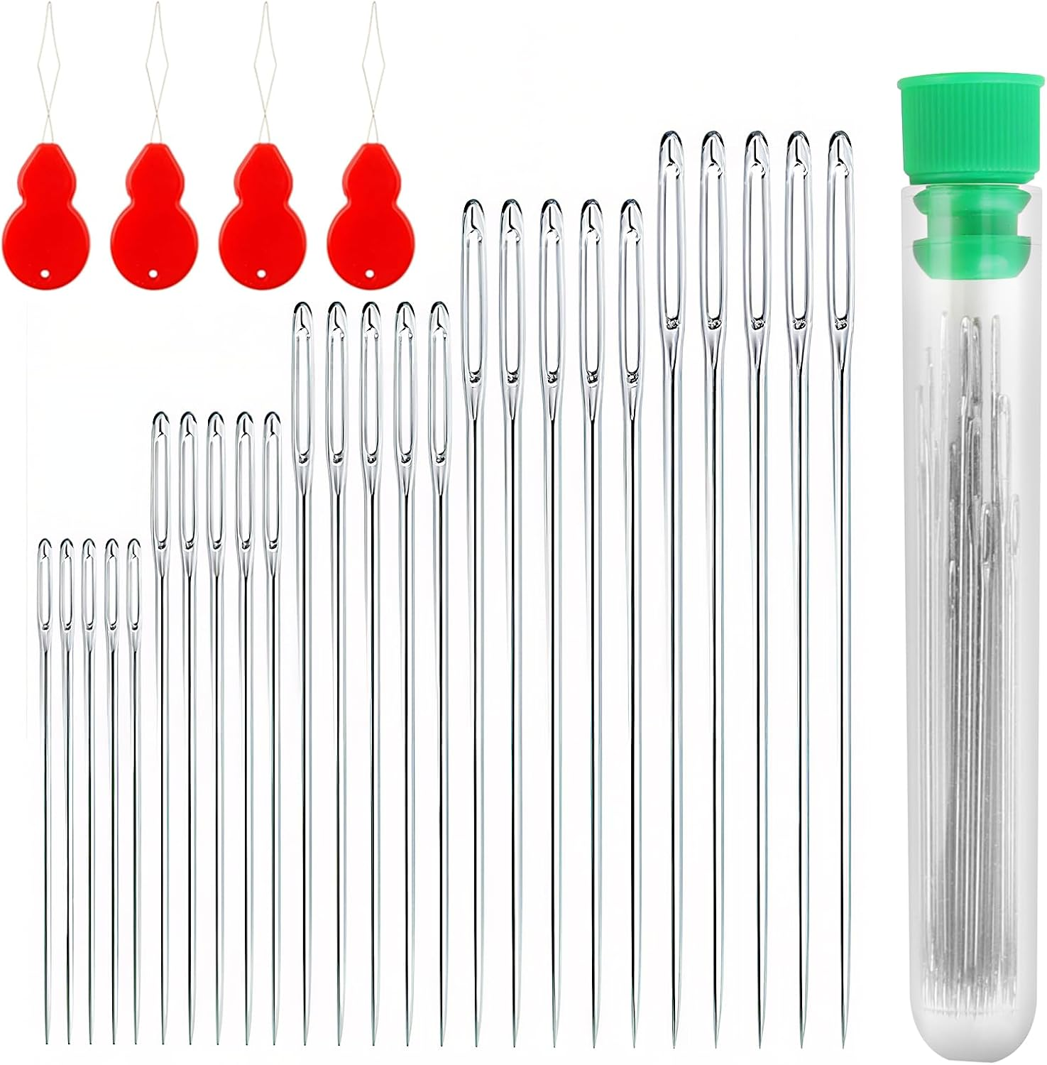 25 Pcs Sewing Needle Set with 4 Threaders - Stainless Steel Large-Eye Hand Needles (5 Sizes,4-6Cm) for Knitting, Embroidery, Mending & Quilting - Includes Clear Plastic Storage Bottle image number 1
