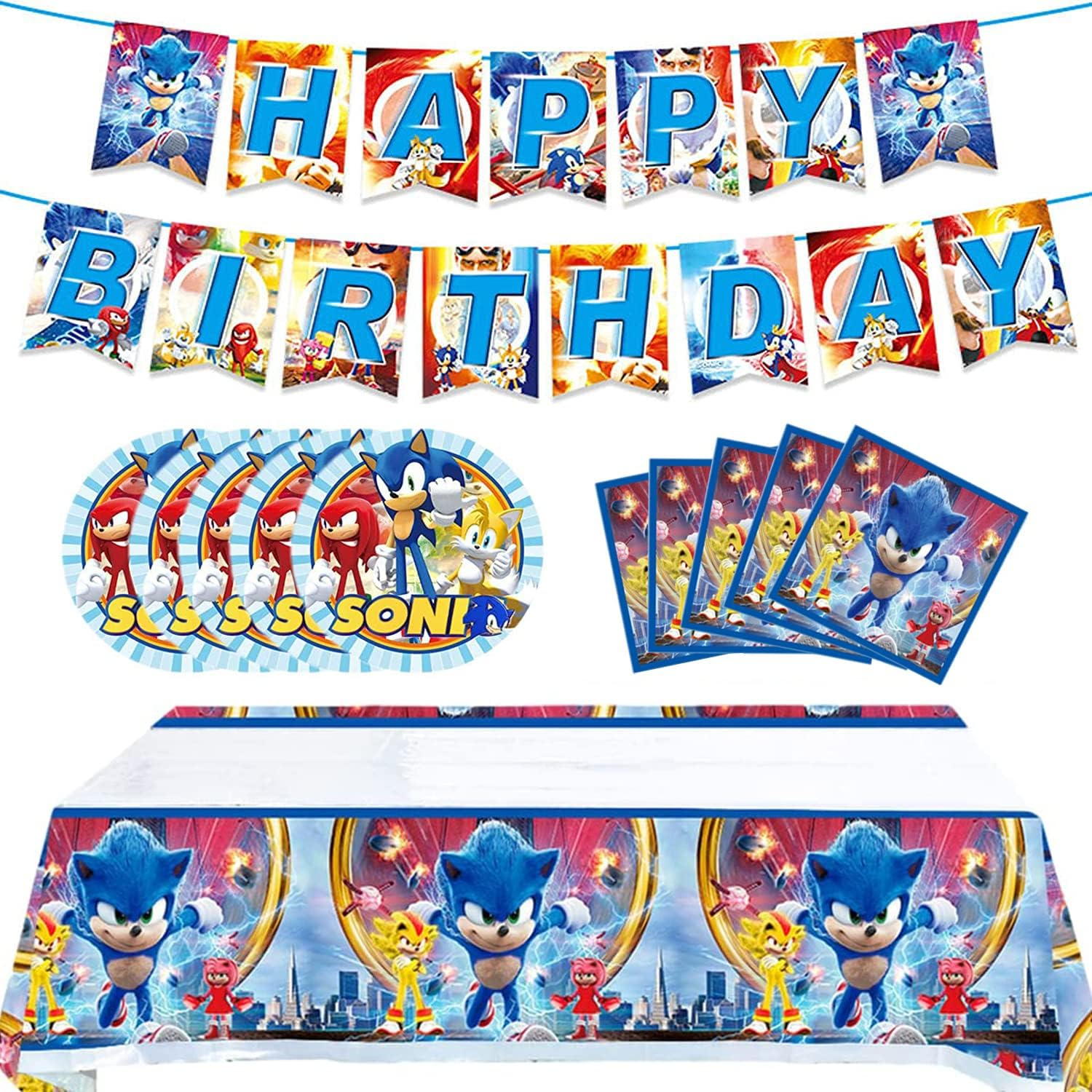 Xiaoma Sonic2 Birthday Party Supplies, 32Pcs Sonic Decorations for Birthday Party, the Hedgehog Party Supplies for Kids Include Banner ,Table Cloth ,Plates, and Napkins image number 1