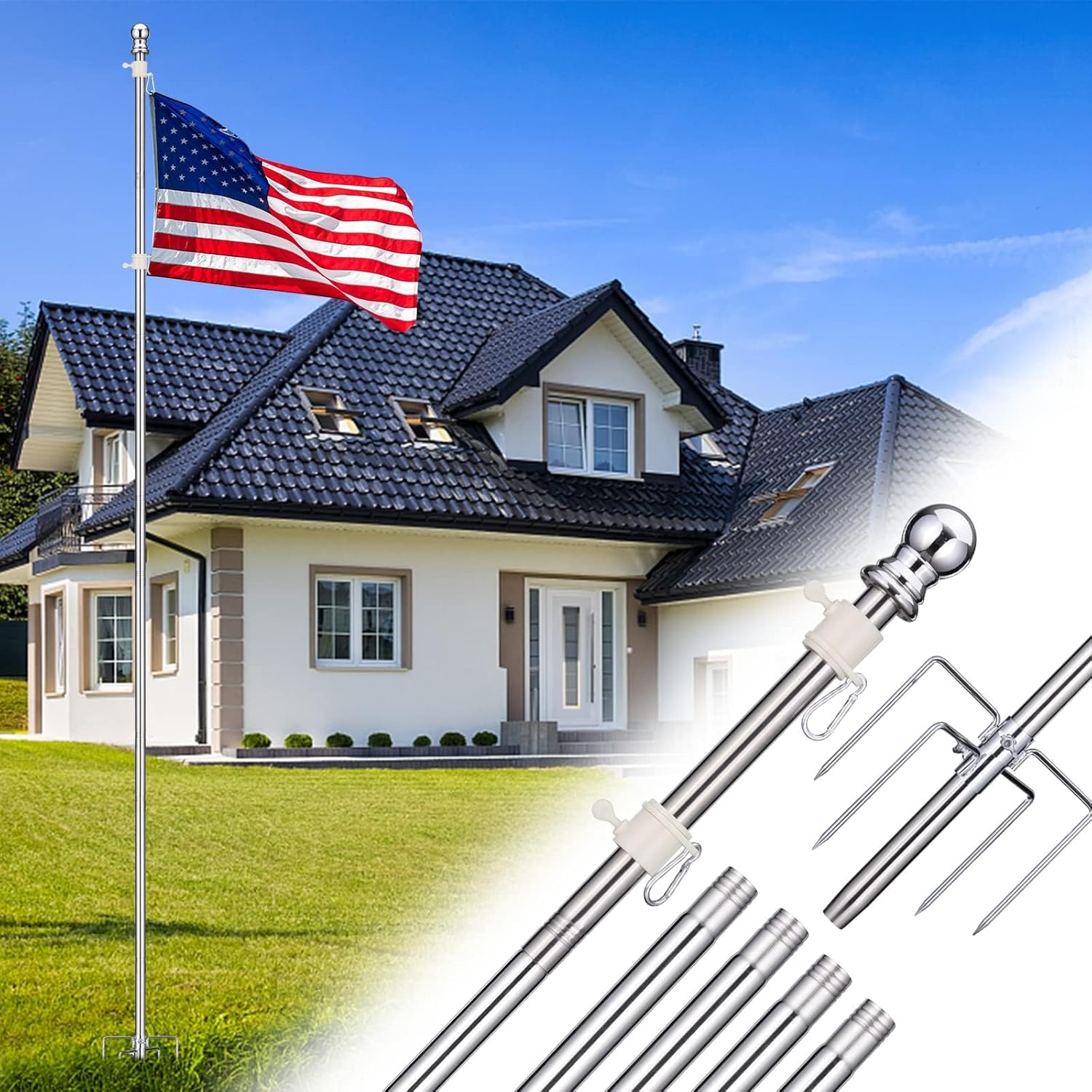 Ground Flag Poles for outside House - 1" Tangle Free Flag Pole Kit with 5 Prong - 8.5Ft Yard Flag Stand for Outdoor,Wind Resistant & Rustproof for Garden - Silver image number 2