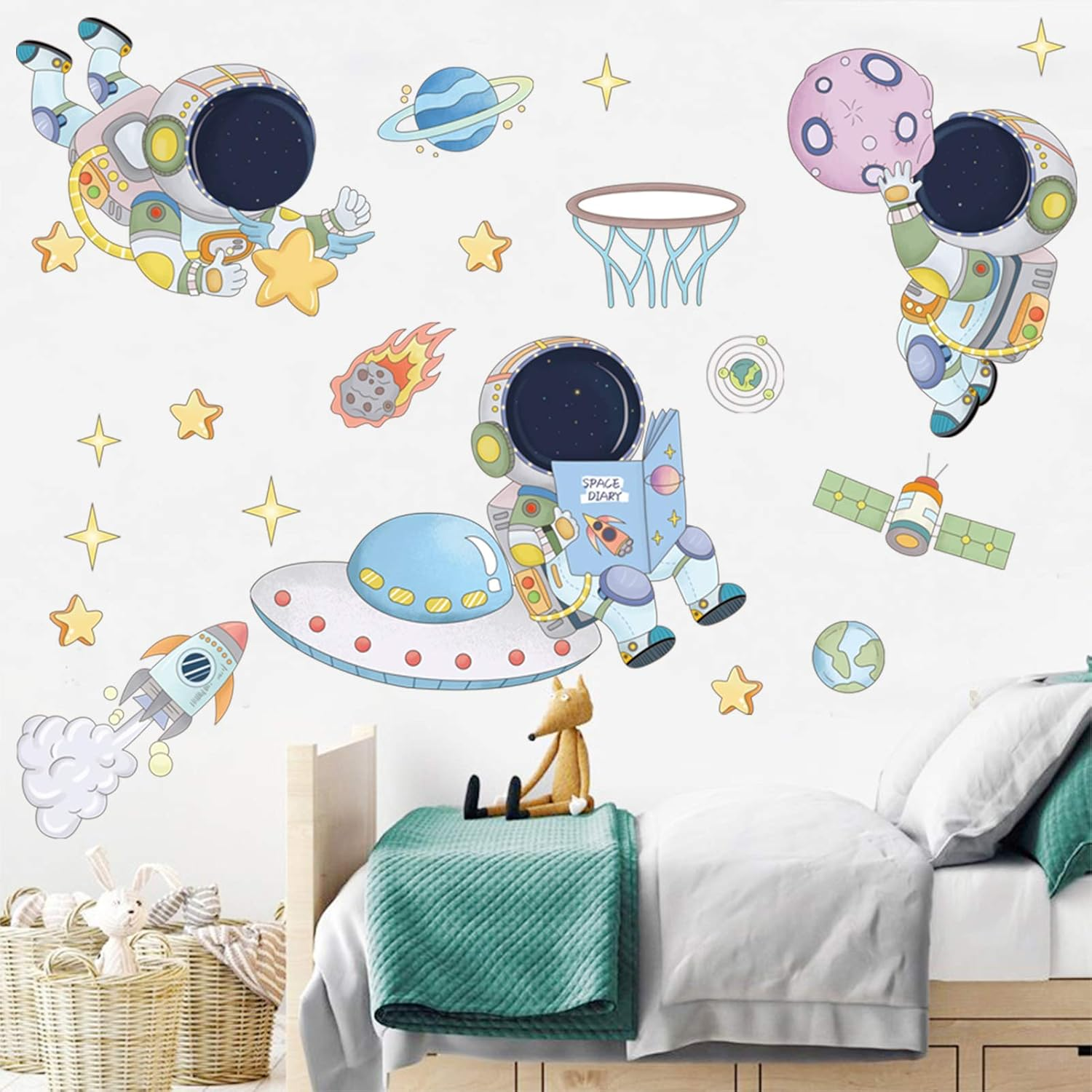 DILIBRA Astronaut Wall Stickers Planet Space Walk Spaceship DIY Art Vinyl Removable Murals Wall Decals, Cute Cartoon Spaceman Cosmonaut Art Wallpaper for Kids Boys Bedroom Playing Room - Astronaut3 image number 6