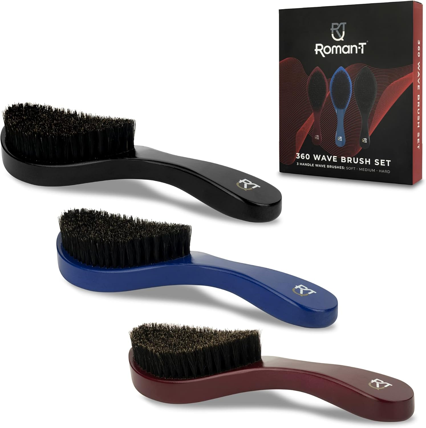 Roman-T Men'S 360 Wave Brush Set - Three Handle Brushes for 360 Waves (Soft, Medium & Hard) - Grooming Gift Set image number 2