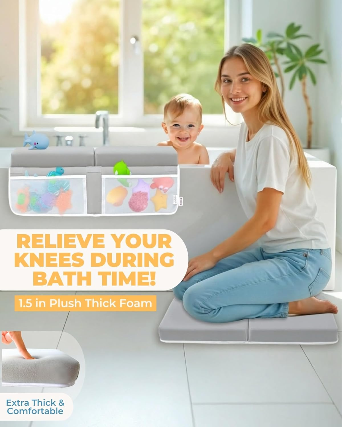 Comfortable Baby Bath Kneeler and Elbow Rest Pad Set - Thickest Bathtub Kneeler Pad with Memory Foam and Bath Toys Organizer - Bath Kneeling Pad for Bathing Baby - Relieve Your Knees and Elbows (Grey)