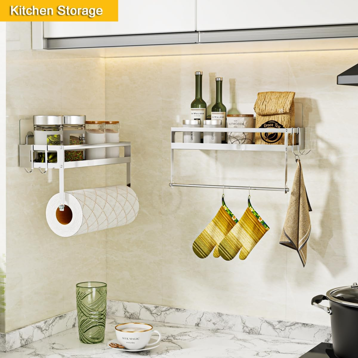 ESOW Paper Towel Holder with Shelf Storage, 2-In-1 Wall Mounted Paper Towel Roll Rack Basket for Kitchen, Balcony & Bathroom, Self-Adhesive or Drilling Installation, SUS304 Brushed Nickel Finish image number 2