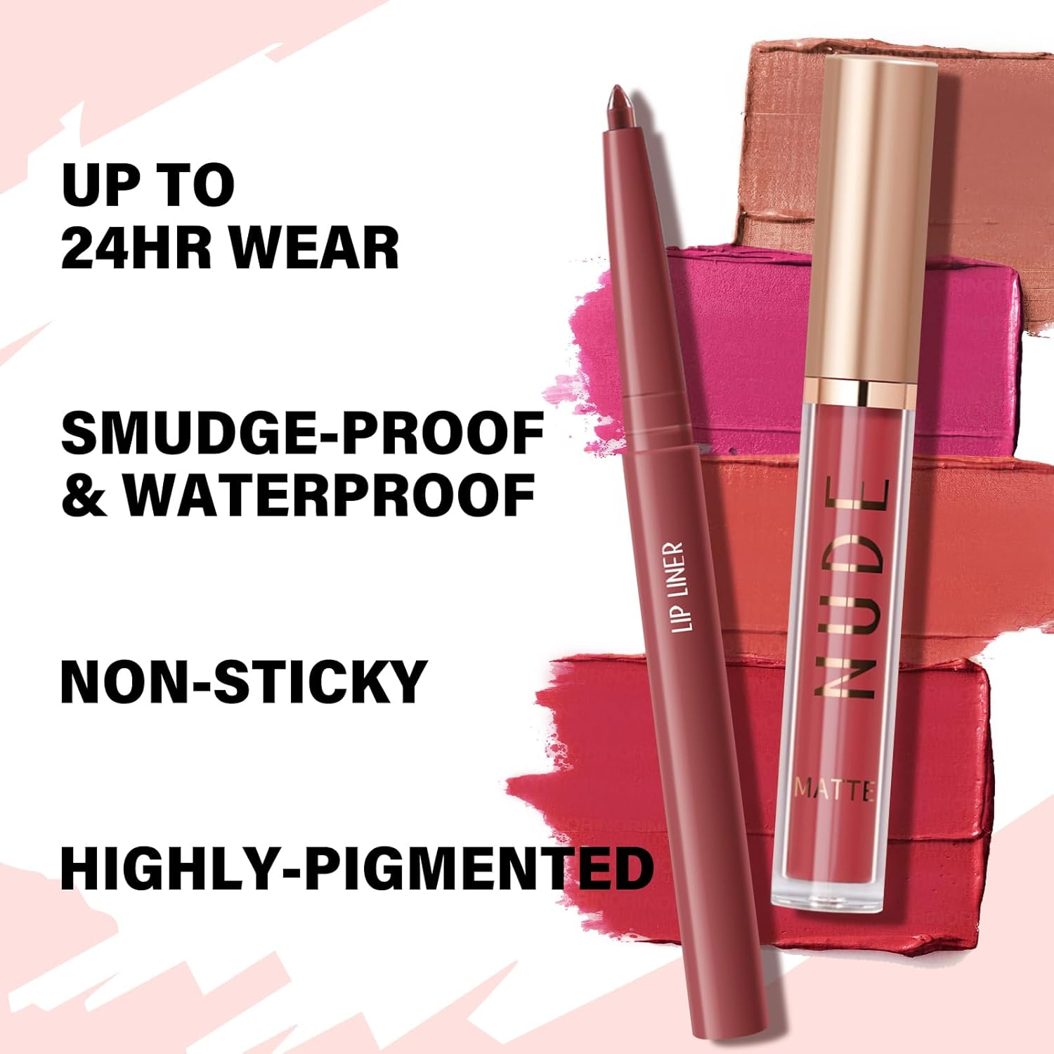 2Pcs Matte Liquid Lipstick and Lip Liner Set,Waterproof Lipstick Shades Set Lip Stain,Long Lasting,Nude Brown Lip Gloss Lip Liner Pencil