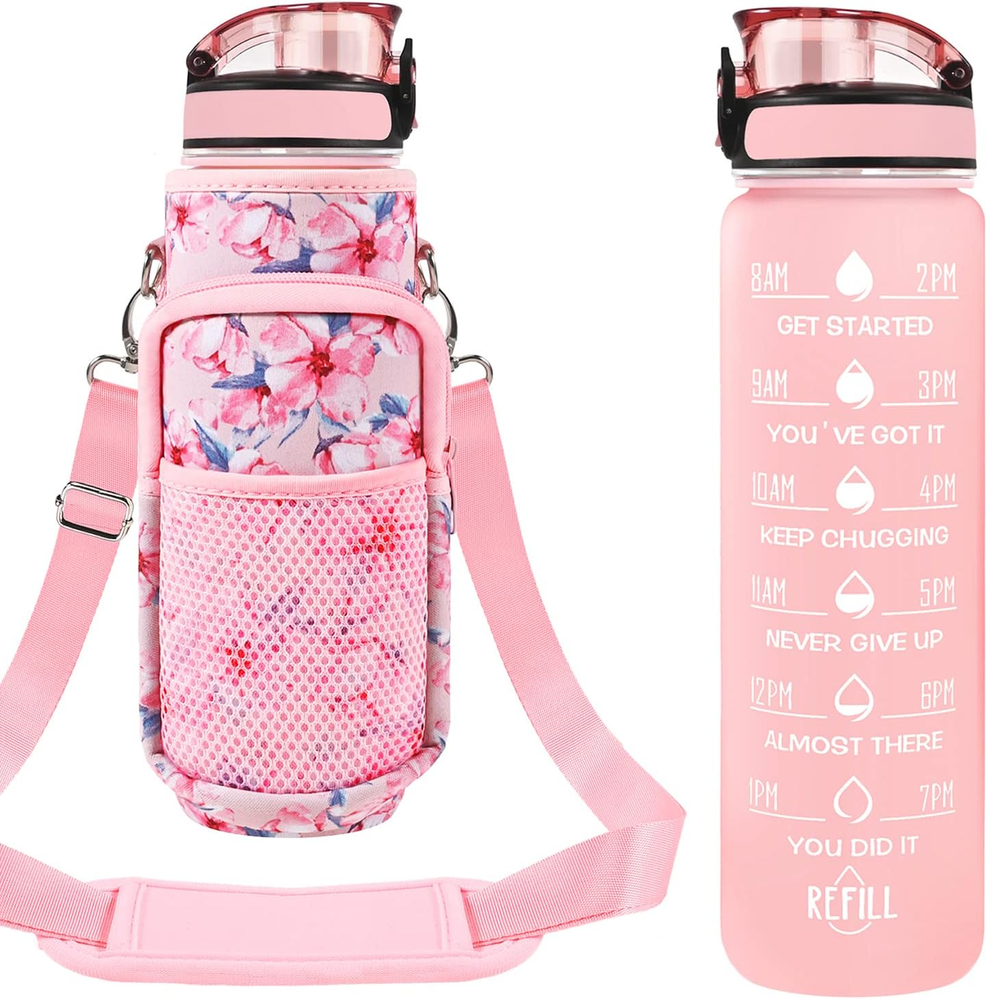 32 Oz Water Bottles with Straw & Strap, Motivational Water Bottles with Times to Drink, BPA Free Reusable Sports Water Bottle with Sleeve Carrier for Gym, Workout or Fitness (Pink Peach)