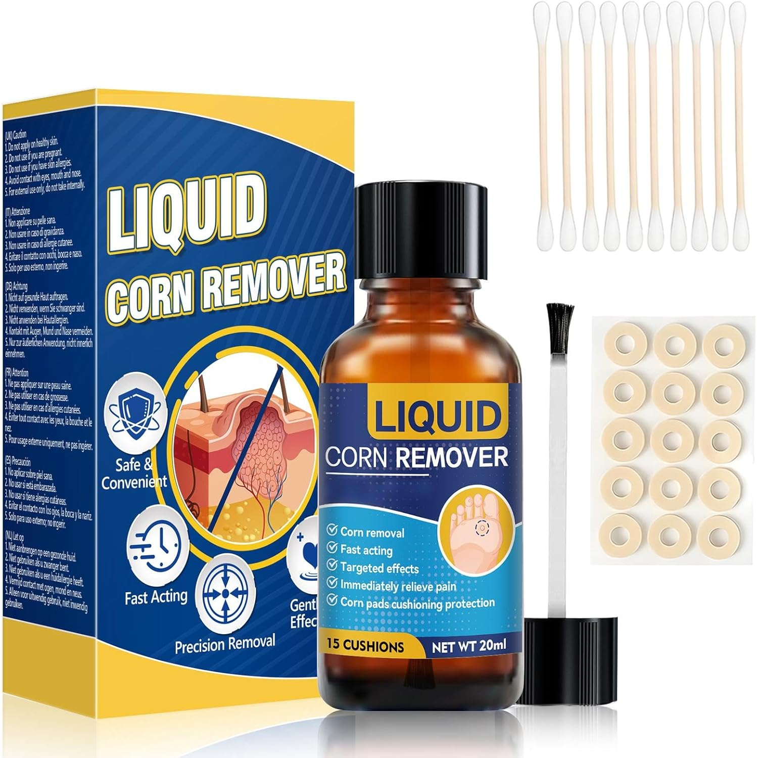 Corn and Wart Remover for Feet, Gentle Fast-Acting Foot Care Liquid for Corns, Calluses and Common Warts, Helps Smooth Rough Skin, 20Ml with Cushions and Swabs