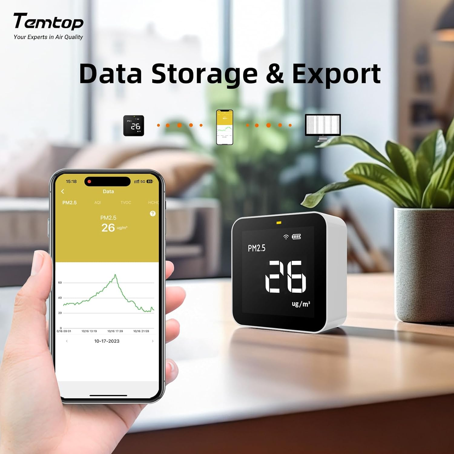 Temtop Smart Air Quality Monitor Indoor Home Air Testing for AQI, PM2.5, Formaldehyde and Vocs with Wifi Connection and Remote Monitoring via App,M10I image number 1