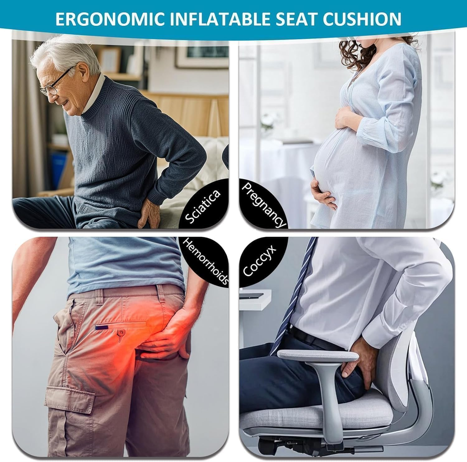 Xinm Air Cushion Inflatable Chair 3D Cell Seat Car Portable Breathable Comfort Office Wheelchair Pad Orthopedics Pain Pressure Relief Camping Seat Mat with Air Pump - 40 X 40 X3.5Cm Black image number 1