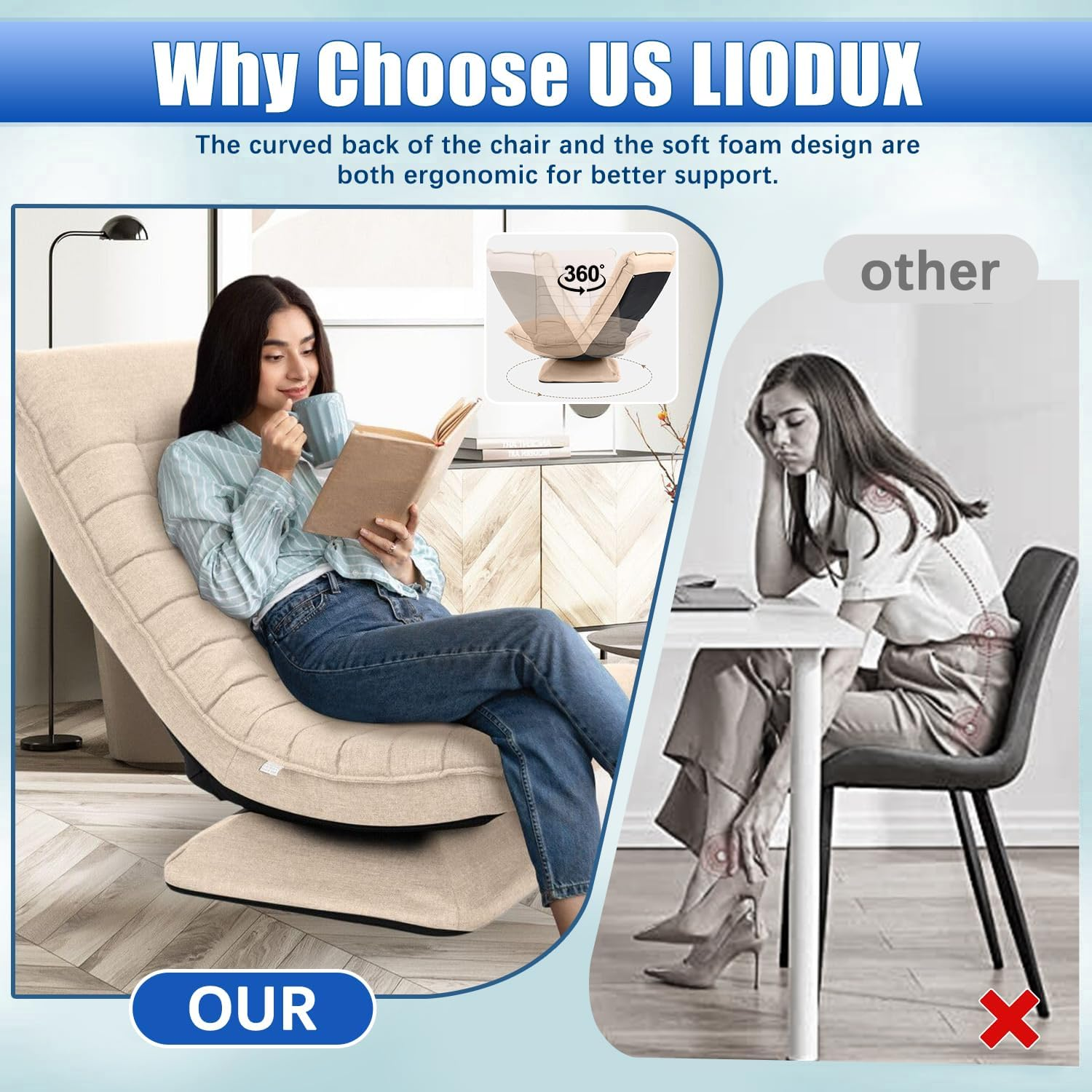 LIODUX Swivel Floor Chair, 5-Position Adjustable Folding Lazy Sofa Lounger Bed, Folding Floor Chair with Adjustable Backrest, for Home & Living Room, Chaise Lounge for Teens Adults (Coffee) - Coffee image number 2