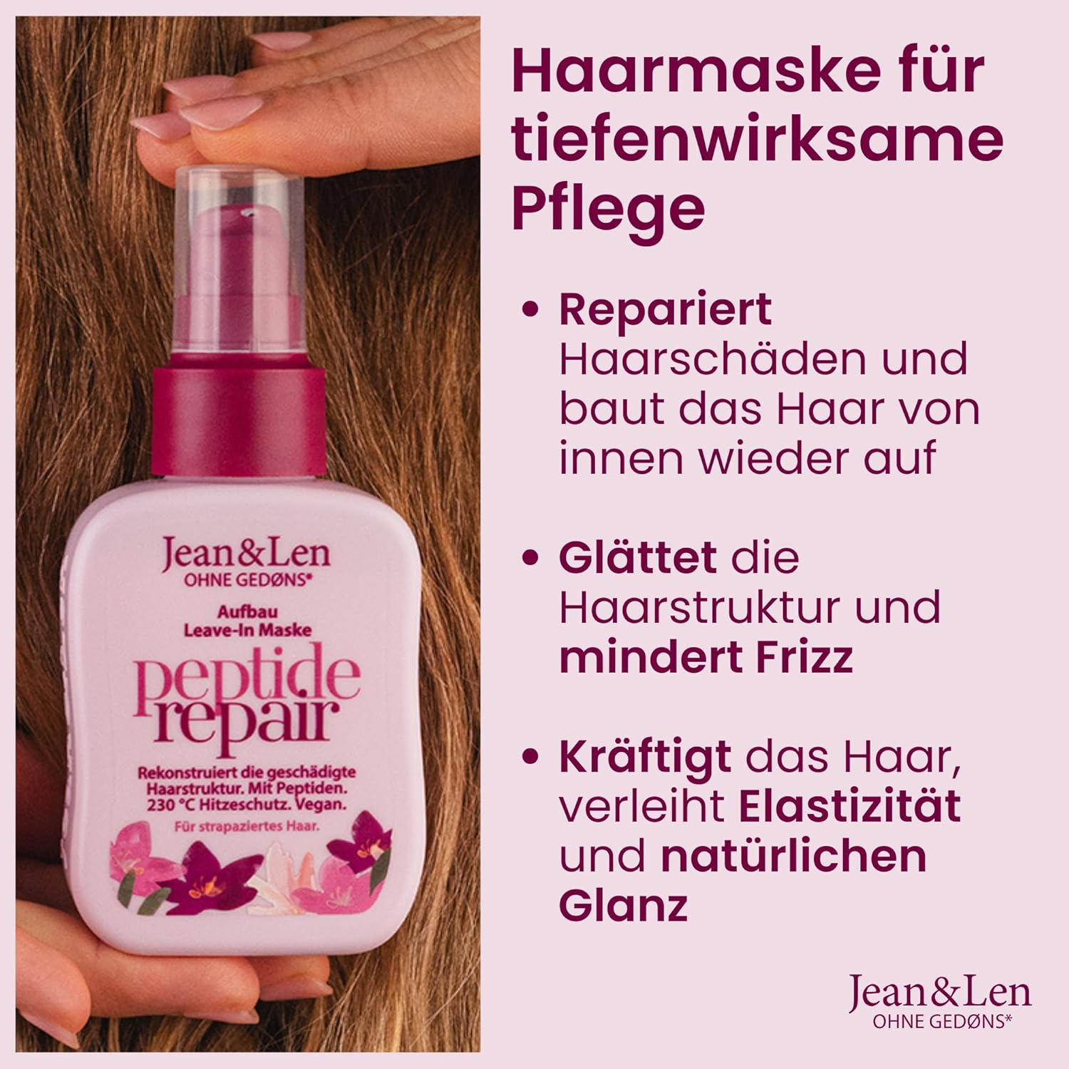 Jean & Len Leave-In Hair Mask Peptide Bond Repair for Damaged & Damaged Hair, Reconstructs & Repairs Hair Damage, Smoothes Hair Structure, Heat Protection up to 230 &deg;C, Vegan Hair Care, 100 Ml image number 5