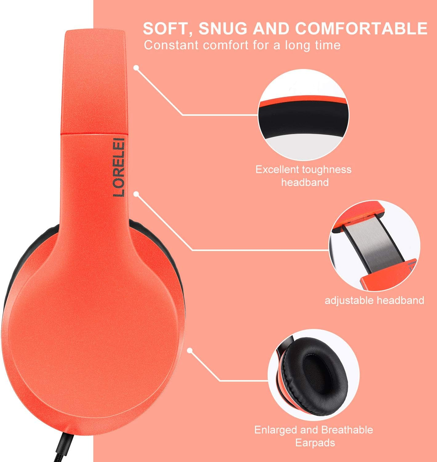 LORELEI X6 Over-Ear Headphones with Microphone, Lightweight Foldable & Portable Stereo Bass Headphones with 1.45M No-Tangle,Wired Headphones for Smartphone Tablet MP3 / 4 (Vitality Orange) image number 1
