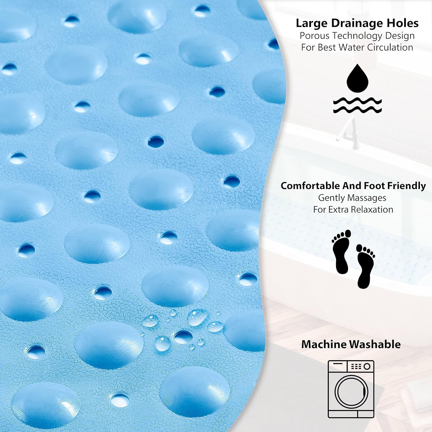 Mumoo Bear Bathtub and Shower Mats, Non Slip 40 X 16 Inch Extra Long Bathtub Mat, Machine Washable Bathmat with Drain Holes, Suction Cups for Bathroom Floor -Light Blue image number 4