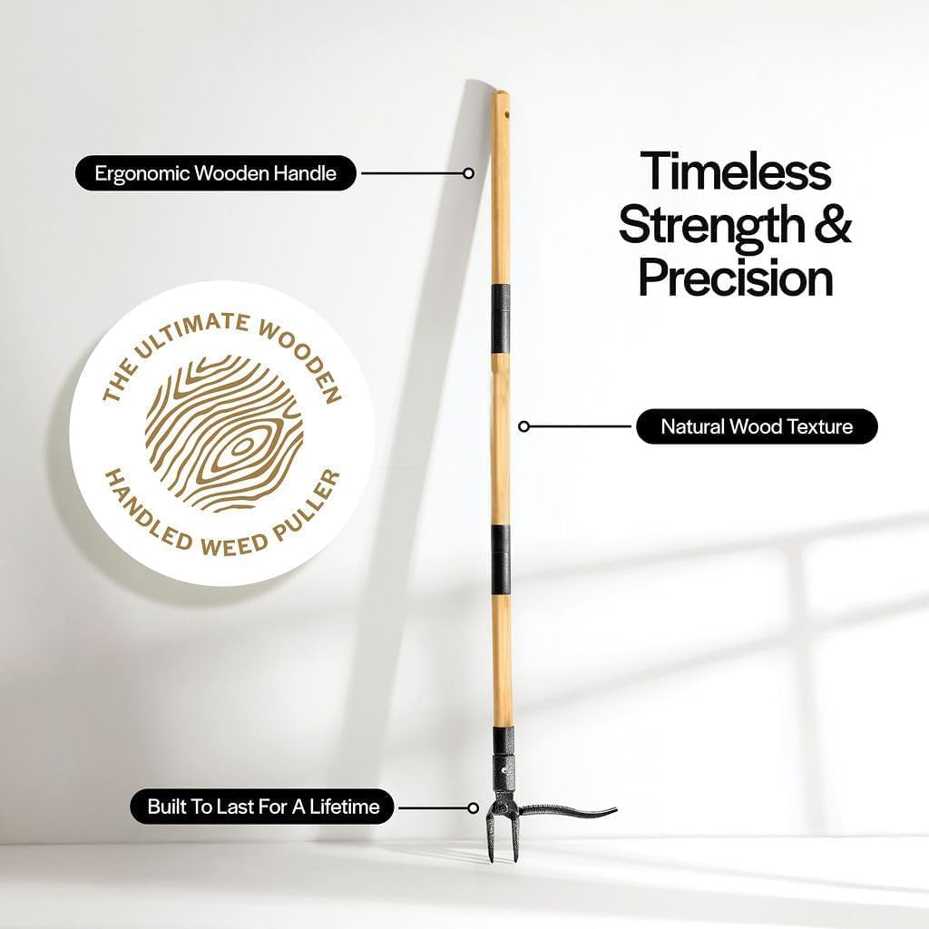 APEXORIGIN Weed Puller Tool, 1.1M Stand up Heavy Duty Weed Remover Tool with Long Handle, Foot Platform Design - 4 Claw Steel Head Weeder Tool, Bamboo Garden Hand Weeding Tool (Black) image number 2