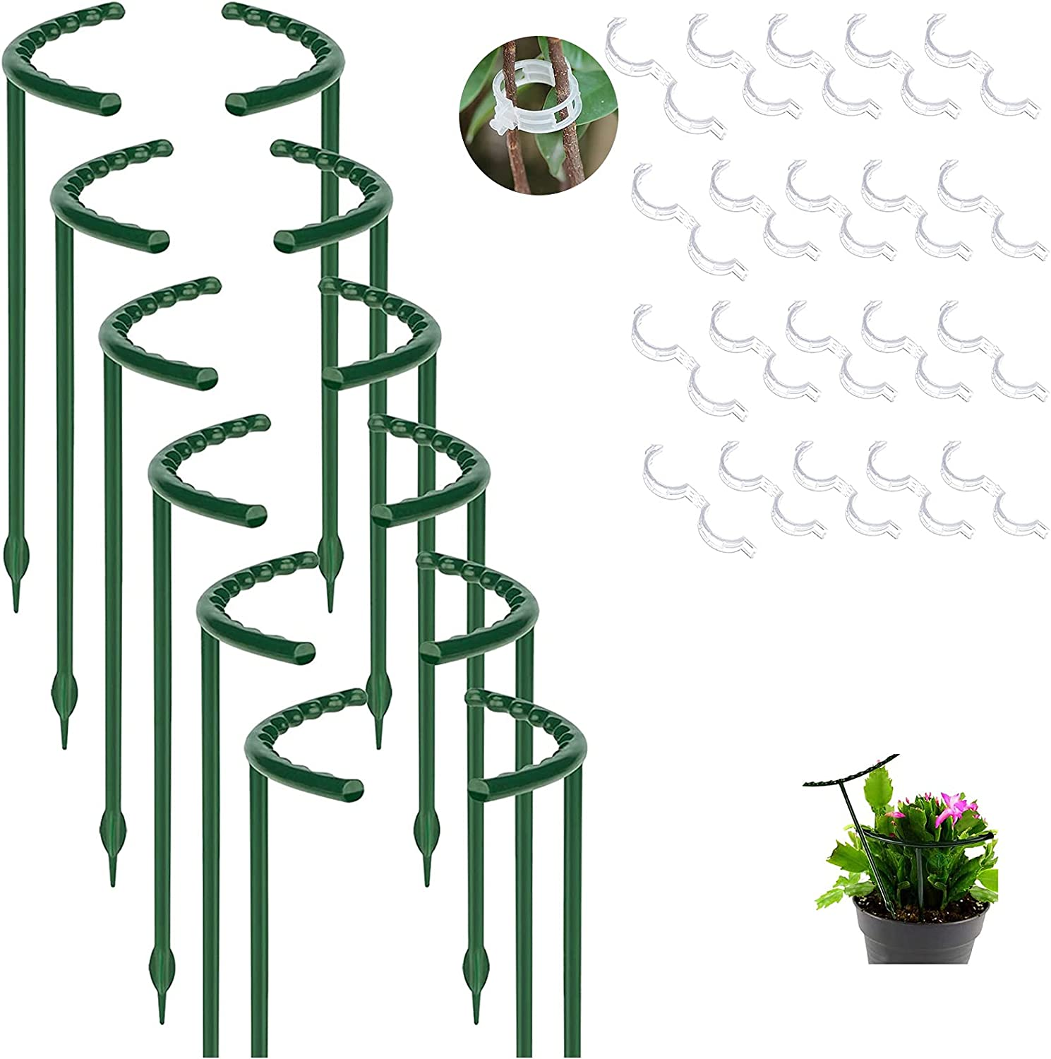 Plant Support for Indoor and Outdoor Potted Plants - Small Half round Plastic Ring Flower Stakes with 20 Garden Clips - 12 Pack image number 5