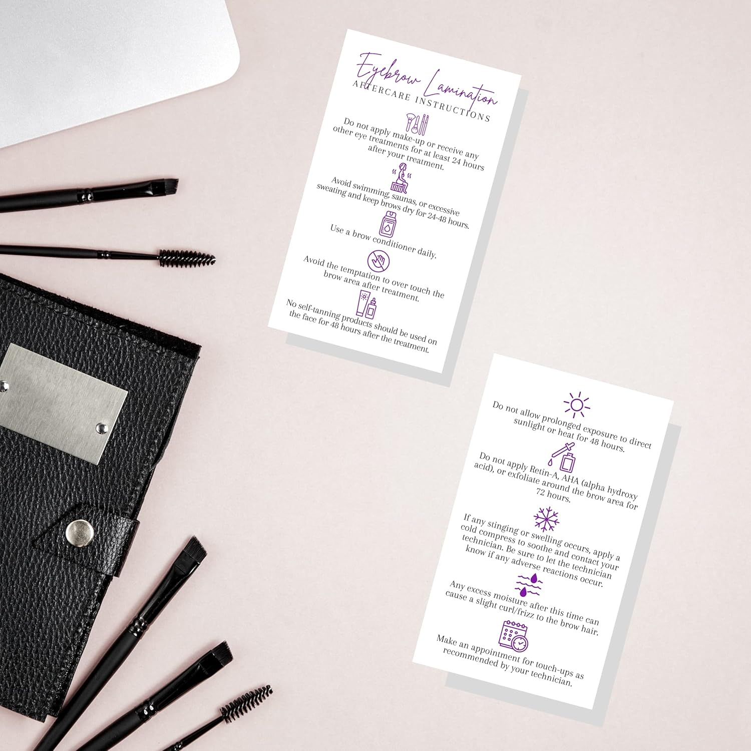 Brow Lamination Aftercare Card | 50 Pack | 2X3.5&rdquo; Inches Business Card Size | Starter Lift Kit at Home DIY Brow Lift and Tint | Snatched Brows White with Purple Design image number 5