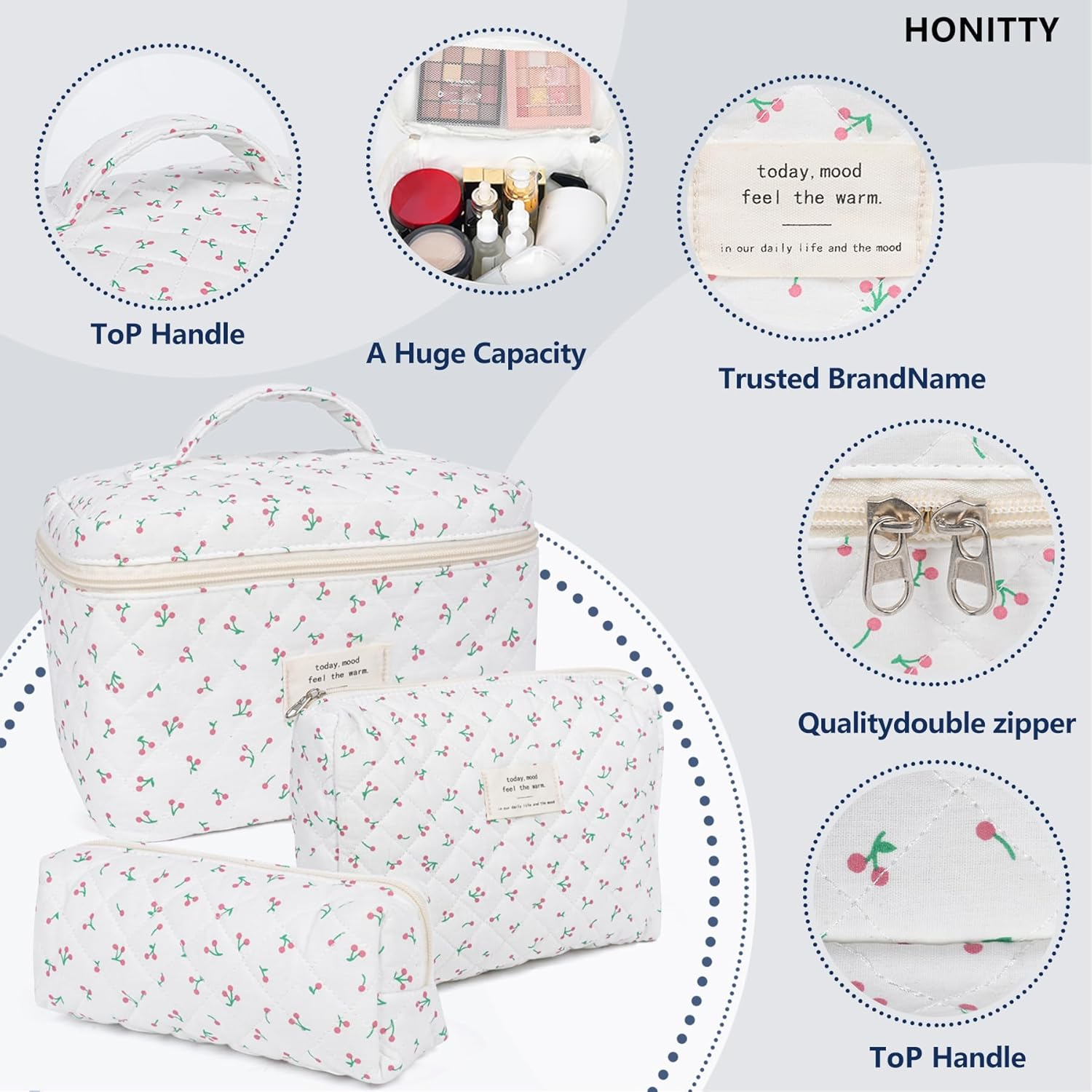 Makeup Bag, Quilted Makeup Bag,Large Floral Cosmetic Bag for Women,Cotton Makeup Bag Set,Flower Travel Toiletry Bag., Cherry, 3PCS - 1Pcs-Blue image number 5