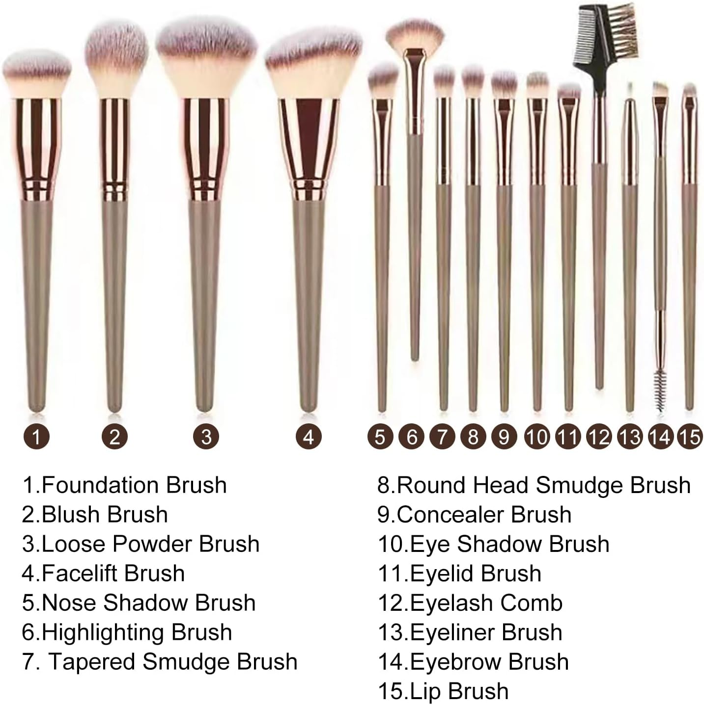 15 Pieces Professional Makeup Brush Set with PU Leather Cosmetic Bag Suitable for Mixed Foundation, Concealer, Blush, Eyeshadow, Contouring (Champagne Gold) image number 2