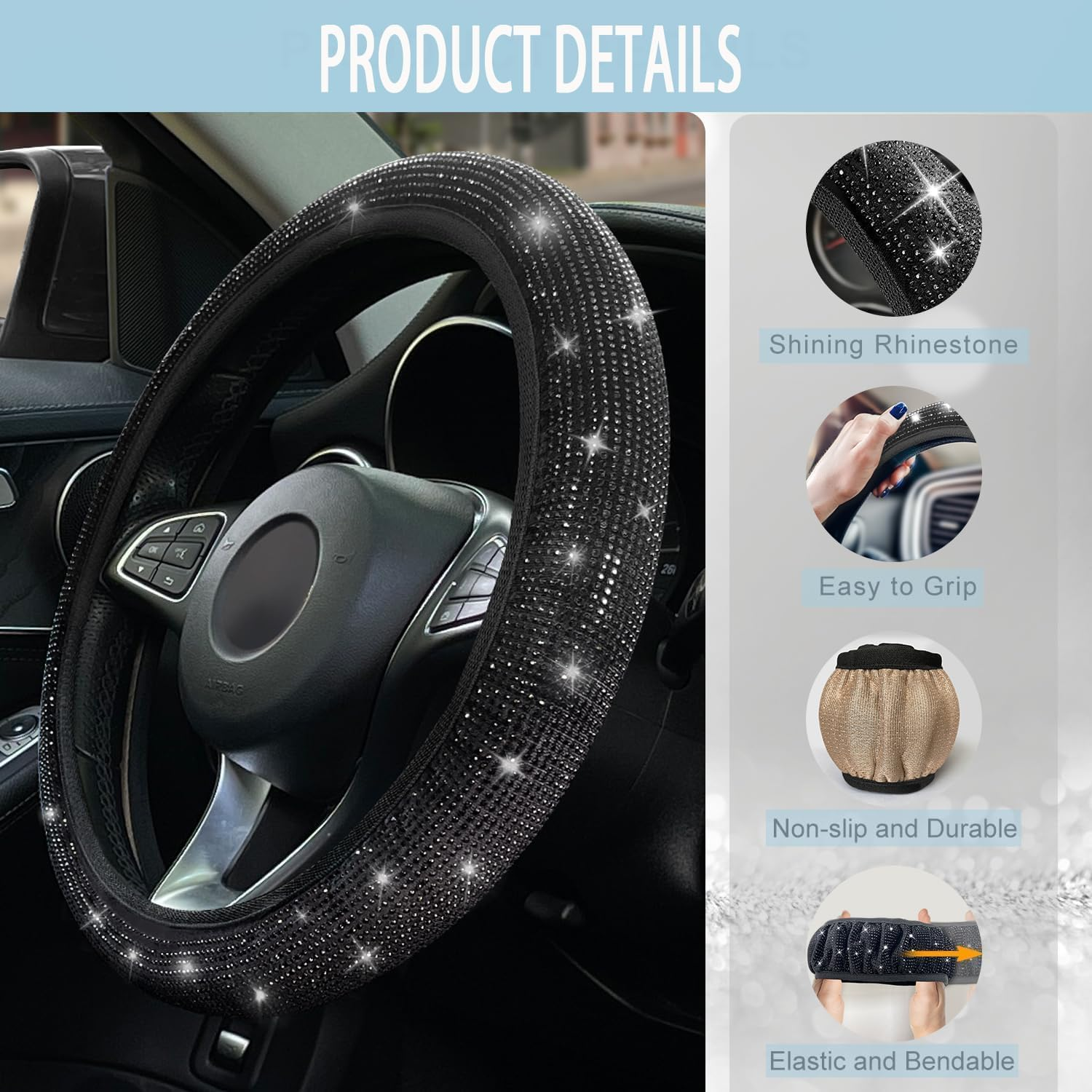 Sparkling Crystal Steering Wheel Cover,1Pc Sparkling Crystal Car Steering Wheel Cover,Sparkling Rhinestone Steering Wheel Cover,Bling Steering Wheel Cover,Steering Wheel Cover with Sparkling Crystals image number 1