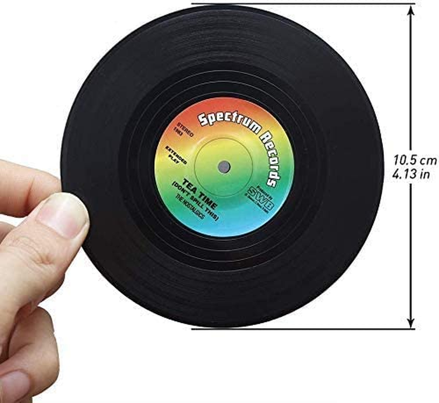 Cute Retro Music Coasters, 6Pcs Vinyl Record Cup Mat Retro Disk Drink Coaster for Music Lovers, Vinyl Record Style Drinking Coasters with Player Holder, 4.3Inch image number 2