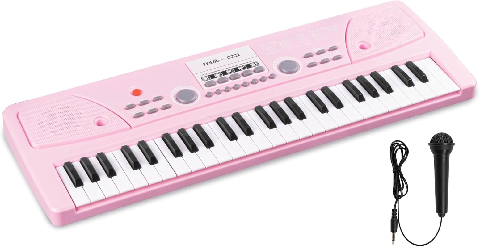 MAX KD49P Pink Electronic Keyboard 49-Keys with Built-In Rechargeable Battery Portable Music Keyboard (Pink)