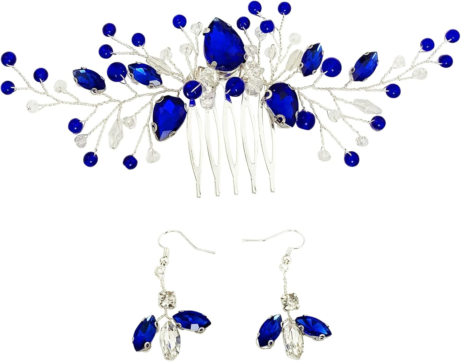 Bridal Crystal Hair Comb and Earrings Set Elegant Bride Wedding Hair Piece Accessories for Women Prom Party Photography (Royal Blue) image number 2
