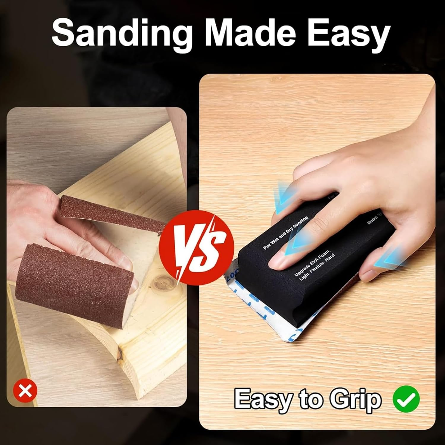 Ssumght Sanding Blocks Kit,7Pcs Flexible EVA Foam for Wet or Dry Autobody, Automotive Car Bodywork Paint, and Woodworking, Includes Sandpaper (Black) image number 2