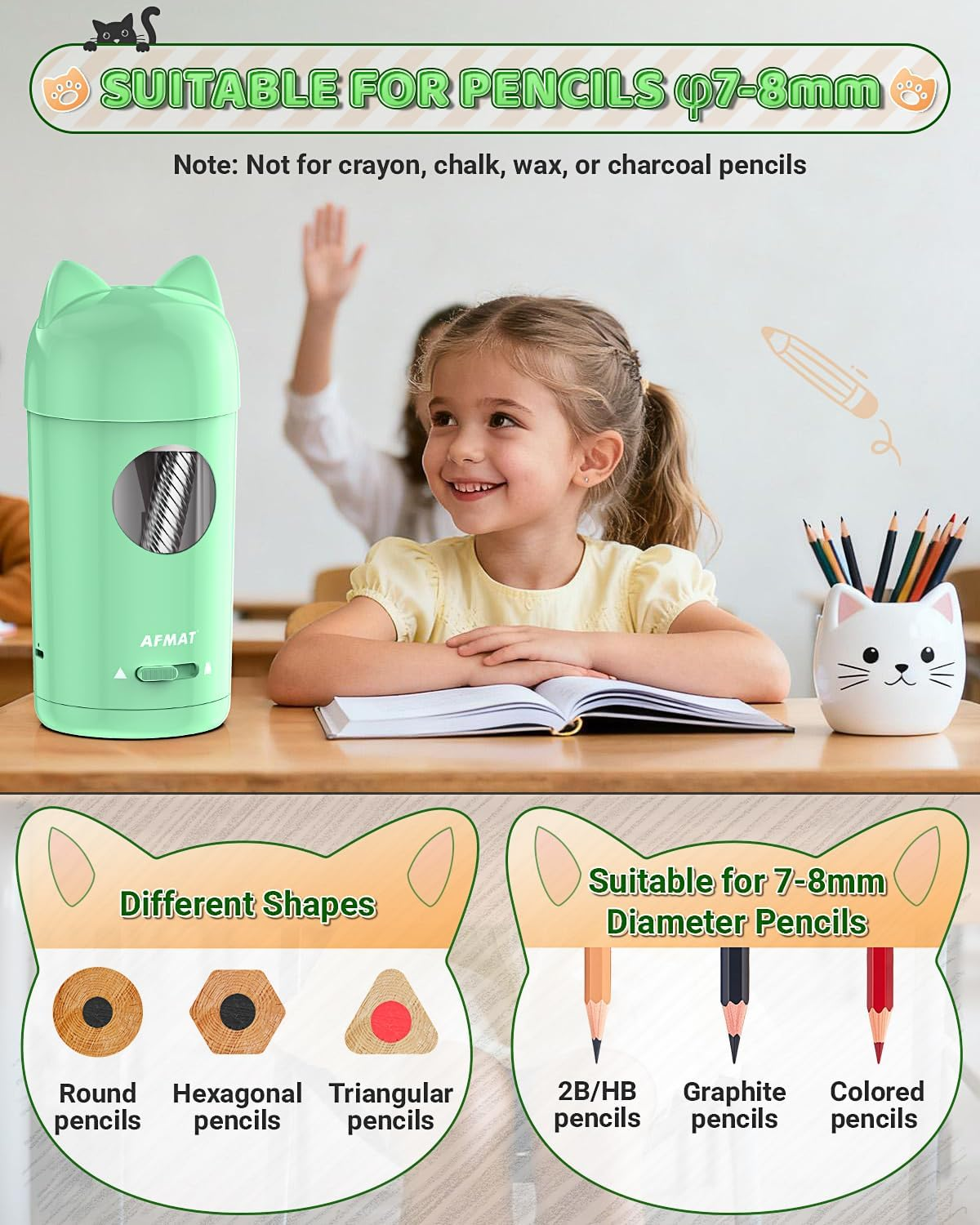 AFMAT Fully Automatic Electric Pencil Sharpener with Cat Ears, Electric Pencil Sharpener with Container for 7-8 Mm Pens (Thick & Thin) - USB Sharpener Children, Gift for School/Office, Green image number 1