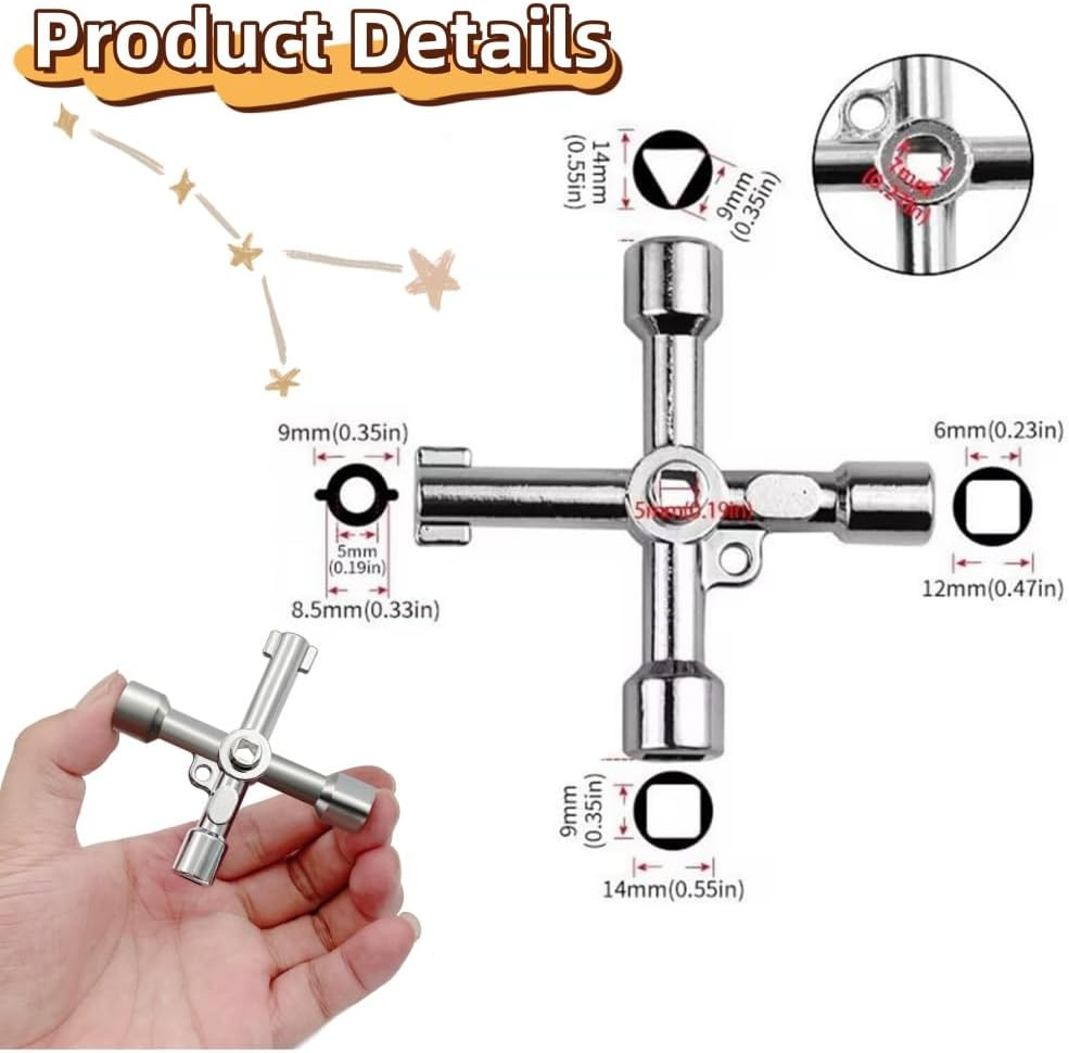 4-Way Multi-Functional Utilities Key,Plumbing Key Wrench,Electric Cabinet Keys,Electricians Tools for Water Meter Valve Electric Box Cupboard Cabinet(3Pcs,Silver) image number 1