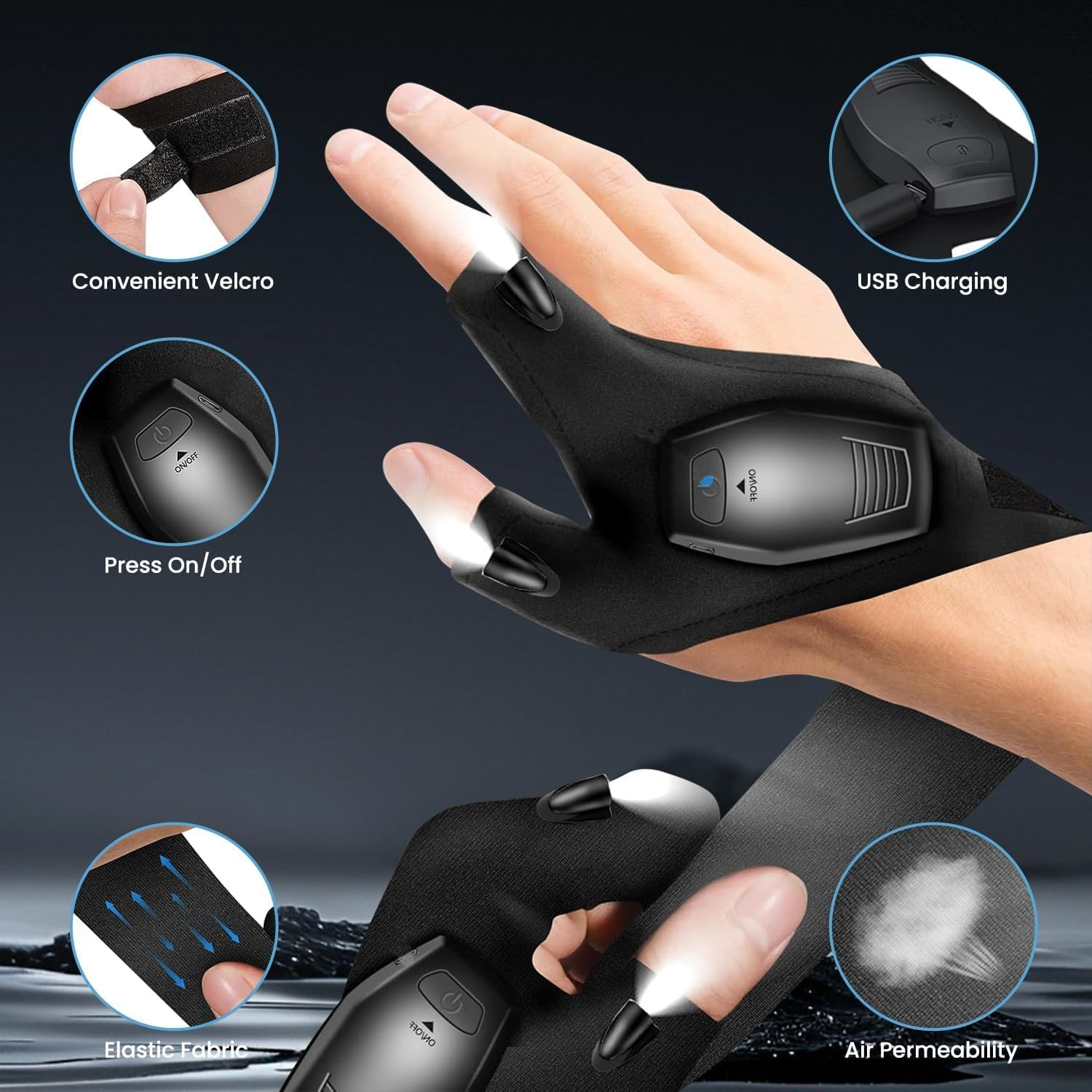 LED Flashlight Glove Tools，Usb Hands Free Lights Gloves, Gifts for Him,Cool Gadgets for Men,Adjustable Flashlight Gloves for Fishing, Camping,For Fishing Gifts image number 3