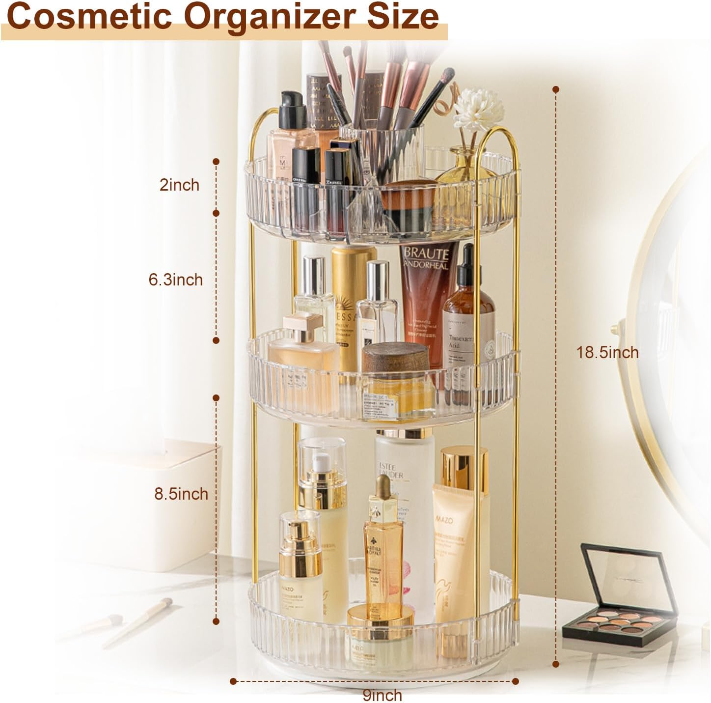 Rotating Makeup Organiser, Spinning Cosmetic Display Cases Vanity Organizer Countertop with 3 Layer Spacious Capacity and Divided Top for Skin Care,Makeup Brush,Lipstick,Perfume,Jewellery Organiser image number 2